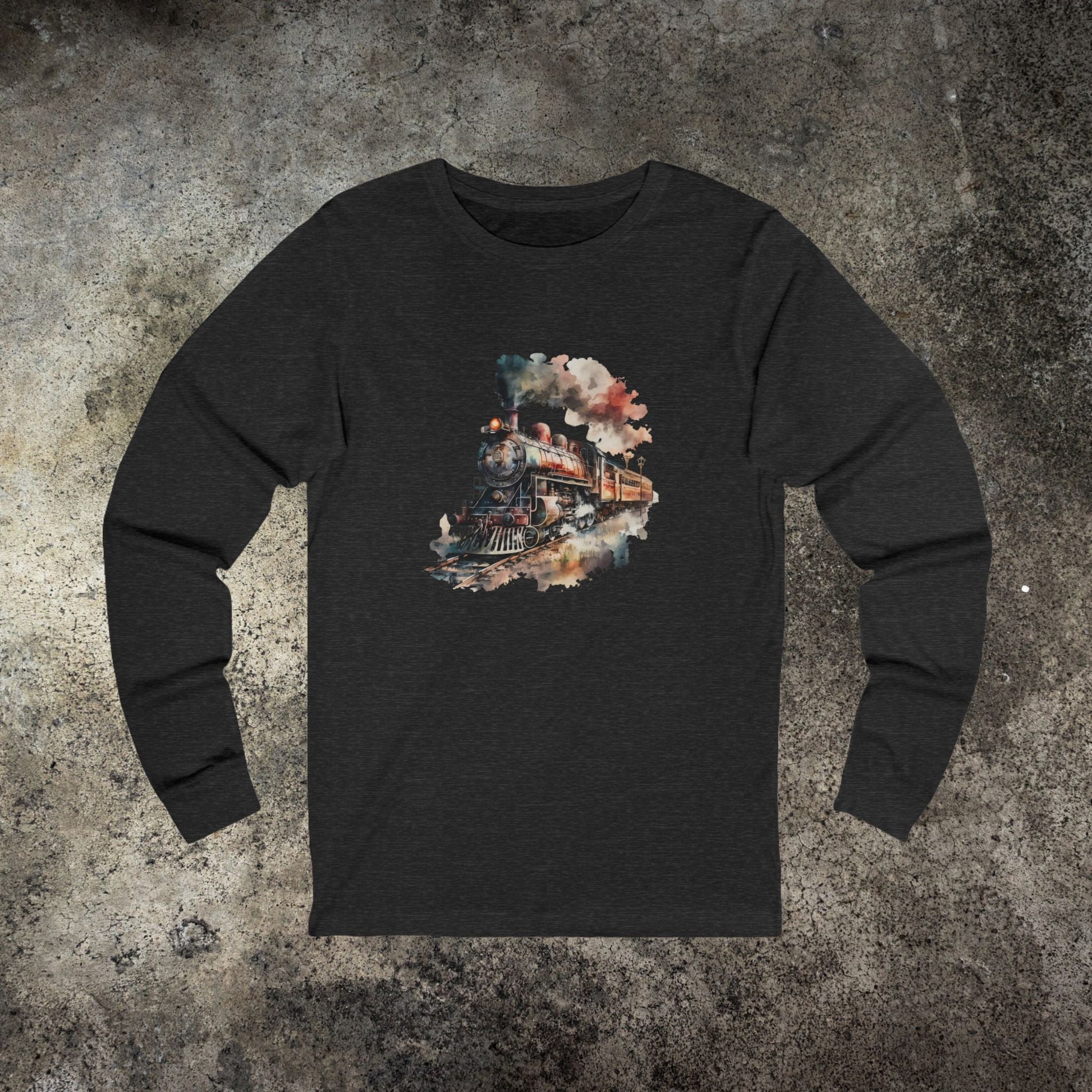 Vintage Steam Engine Long Sleeve Shirt – Watercolor Locomotive Train Art Tee - FlooredByArt