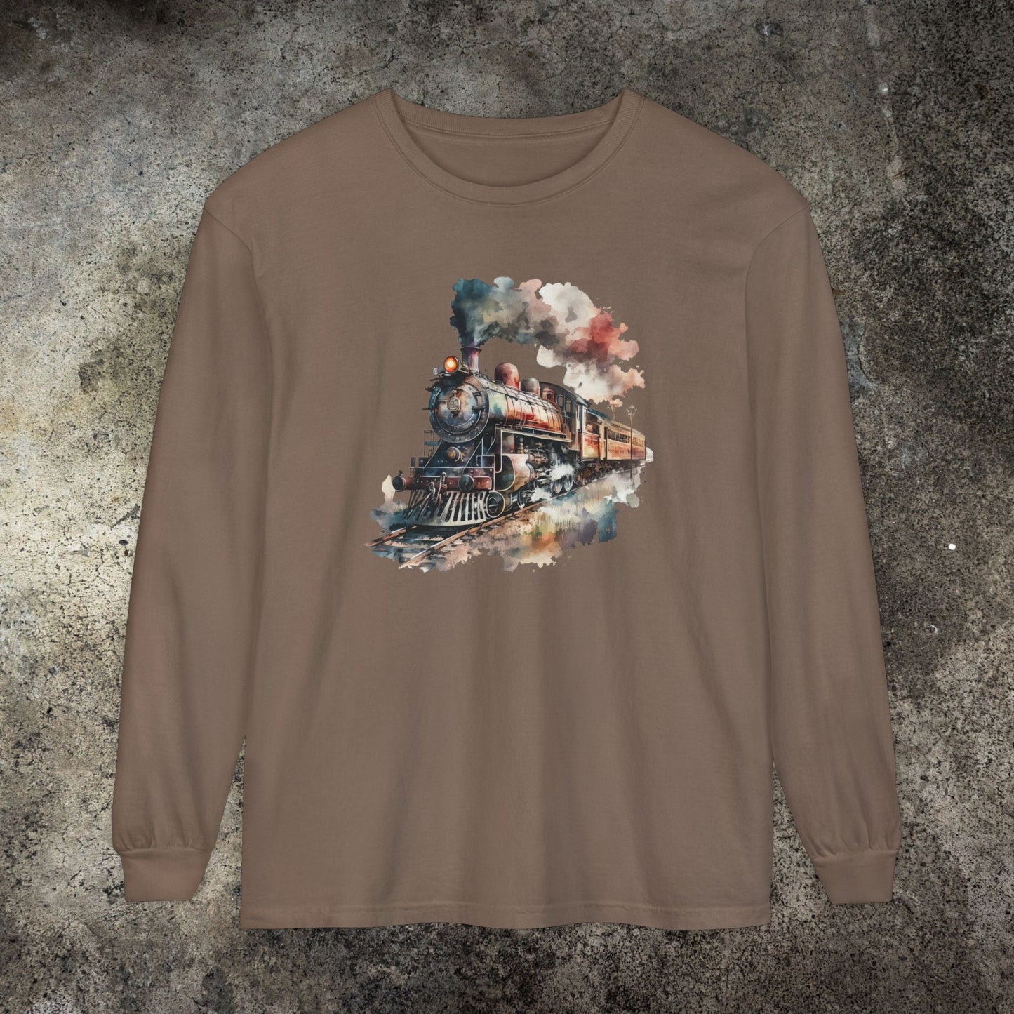 Vintage Steam Engine Long Sleeve Shirt – Watercolor Train Art Tee - FlooredByArt