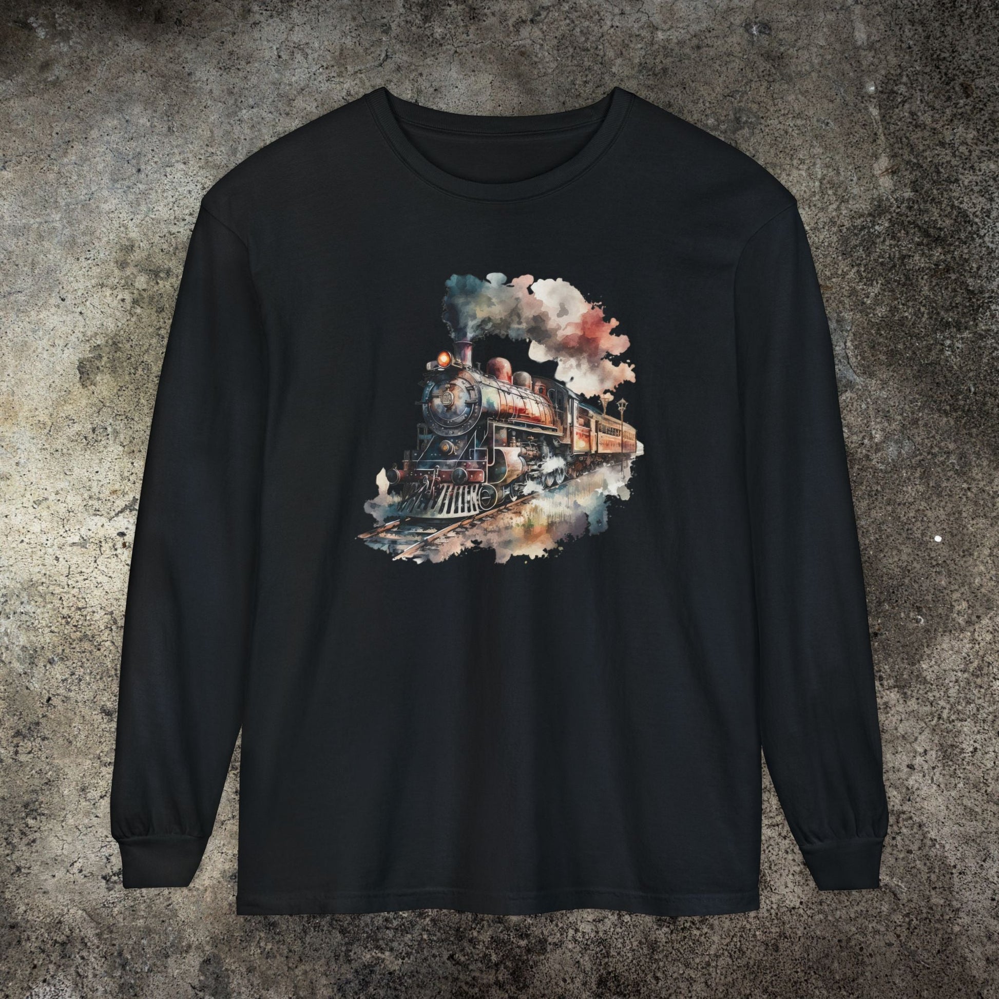 Vintage Steam Engine Long Sleeve Shirt – Watercolor Train Art Tee - FlooredByArt