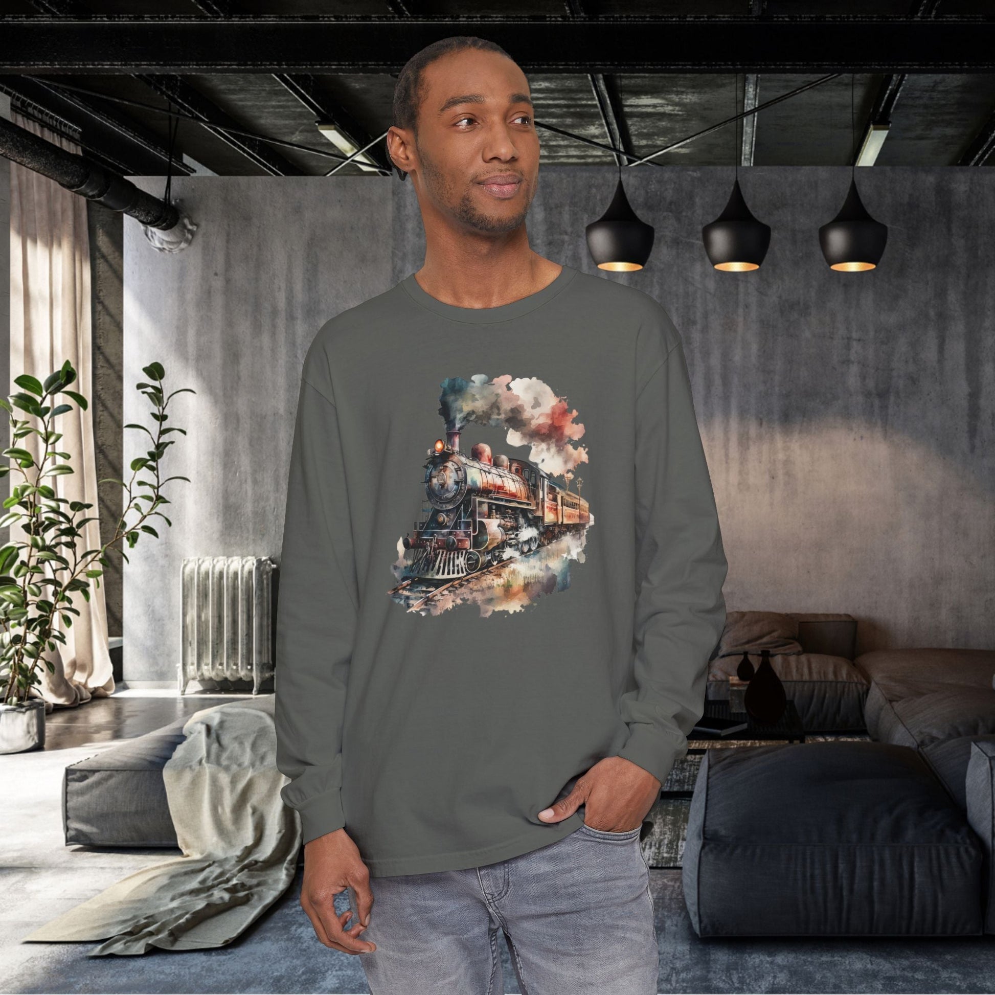 Vintage Steam Engine Long Sleeve Shirt – Watercolor Train Art Tee - FlooredByArt