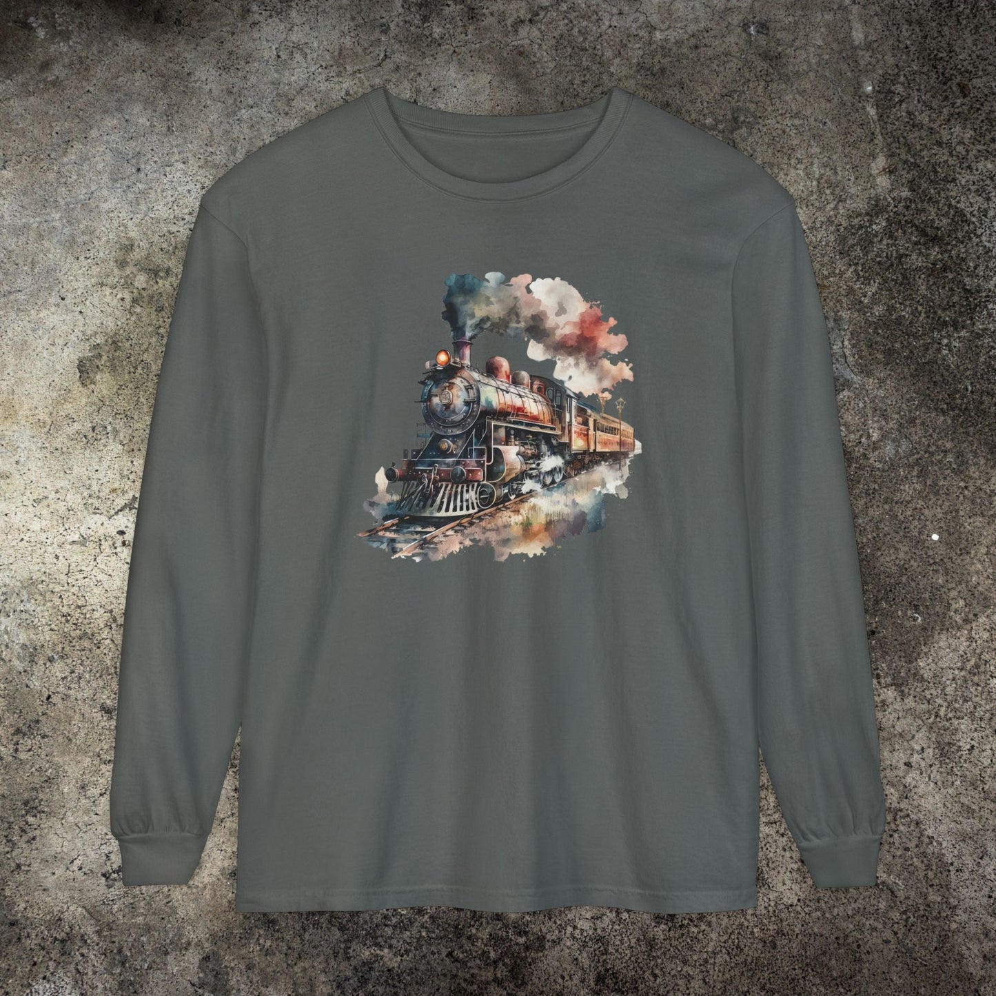 Vintage Steam Engine Long Sleeve Shirt – Watercolor Train Art Tee - FlooredByArt