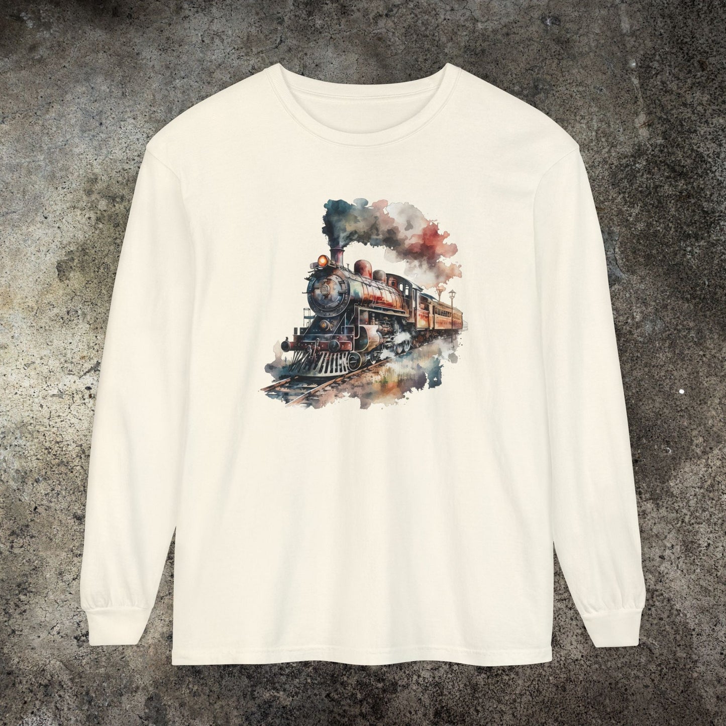 Vintage Steam Engine Long Sleeve Shirt – Watercolor Train Art Tee - FlooredByArt