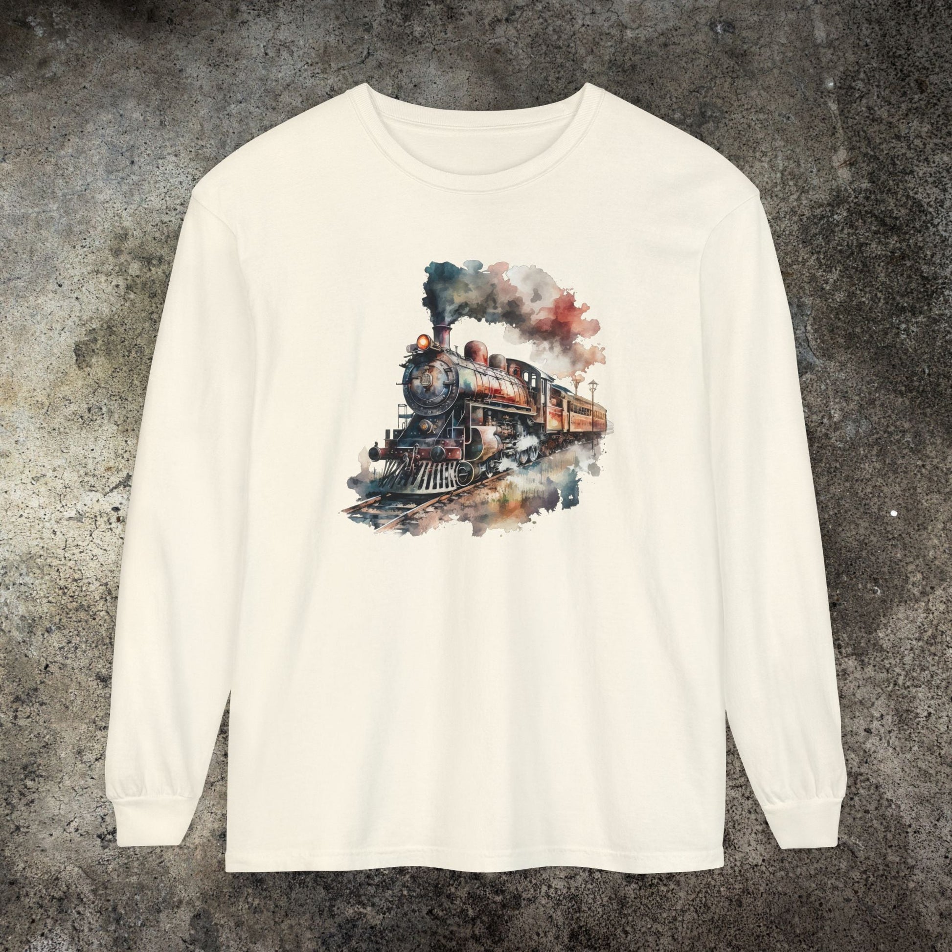Vintage Steam Engine Long Sleeve Shirt – Watercolor Train Art Tee - FlooredByArt
