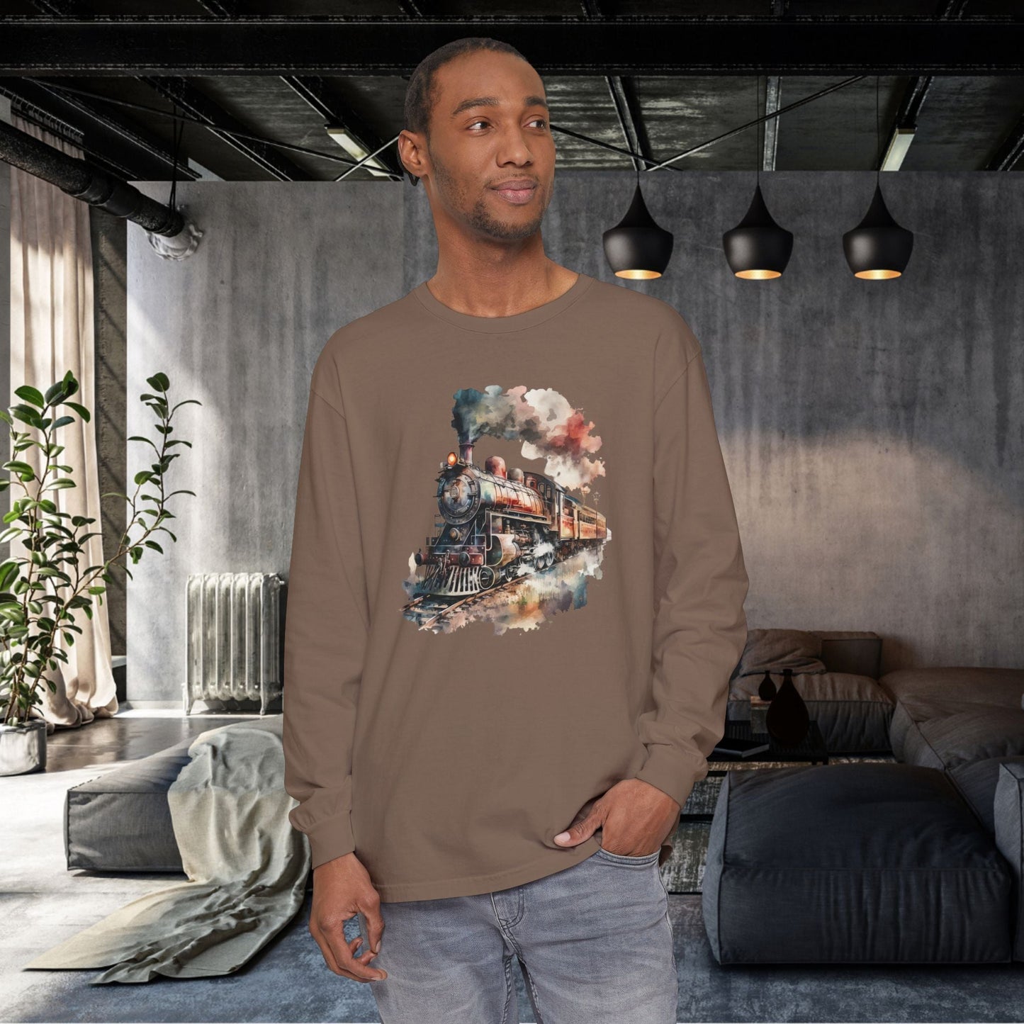 Vintage Steam Engine Long Sleeve Shirt – Watercolor Train Art Tee - FlooredByArt