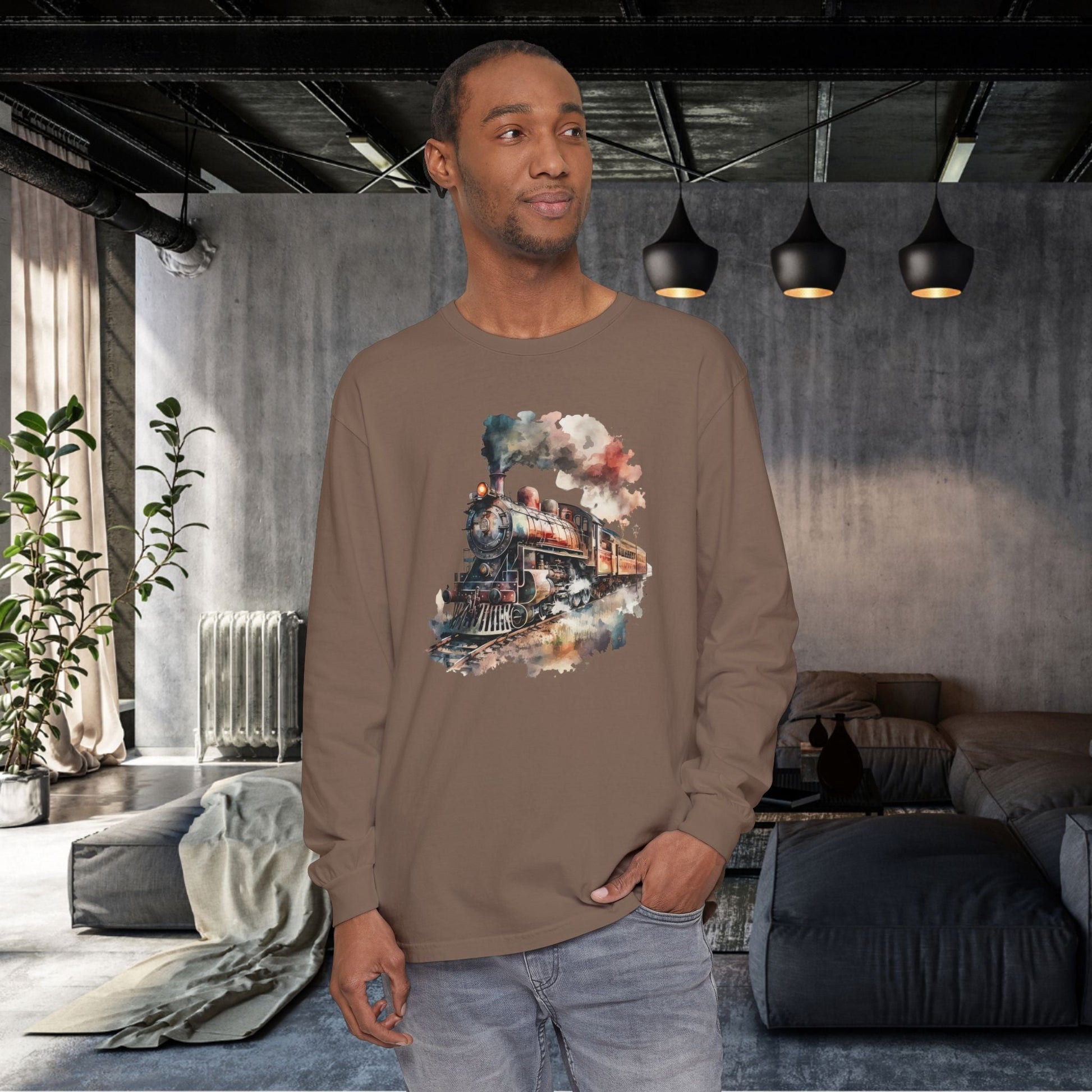Vintage Steam Engine Long Sleeve Shirt – Watercolor Train Art Tee - FlooredByArt
