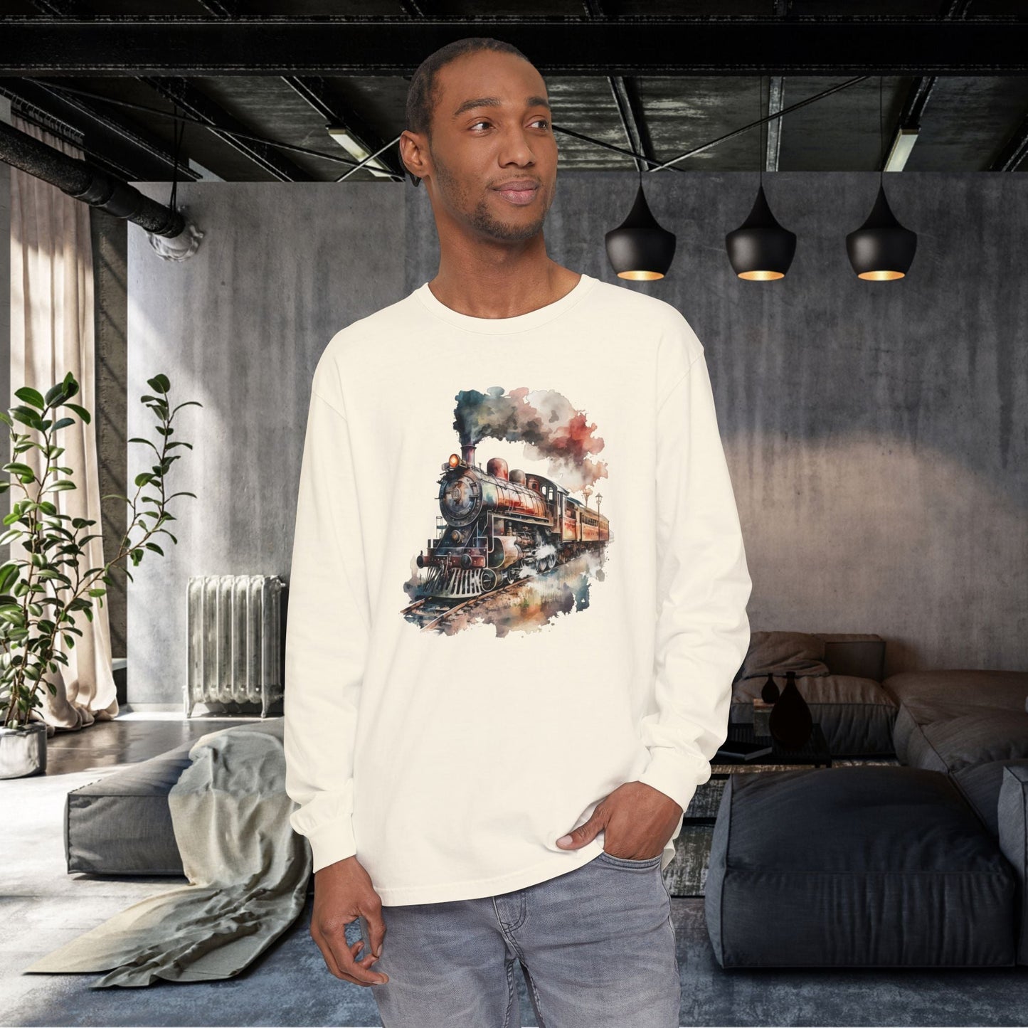 Vintage Steam Engine Long Sleeve Shirt – Watercolor Train Art Tee - FlooredByArt