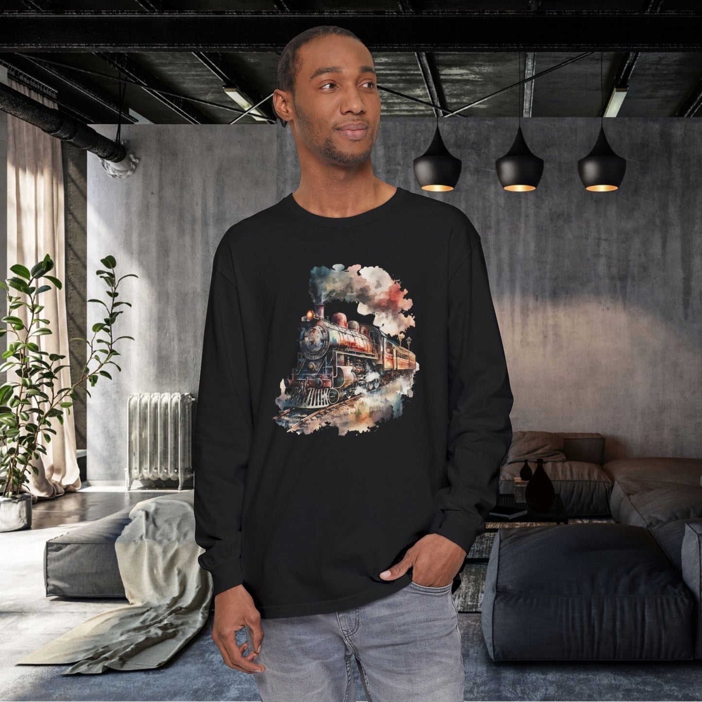 Vintage Steam Engine Long Sleeve Shirt – Watercolor Train Art Tee - FlooredByArt