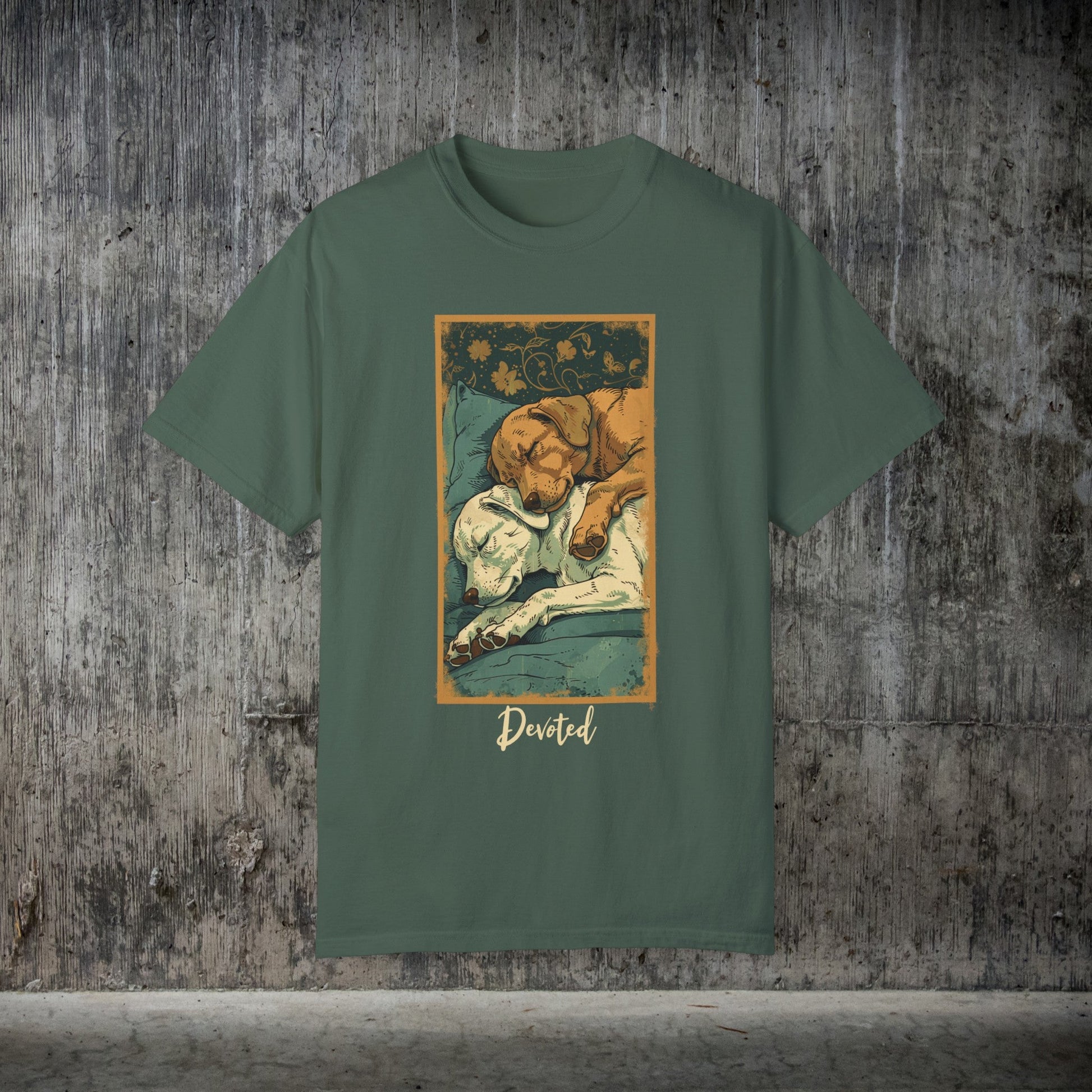 Vintage Style Dog Poster T - shirt, Two Dogs Sleeping Shirt, Original, Comfort Colors Oversized Tee - FlooredByArt