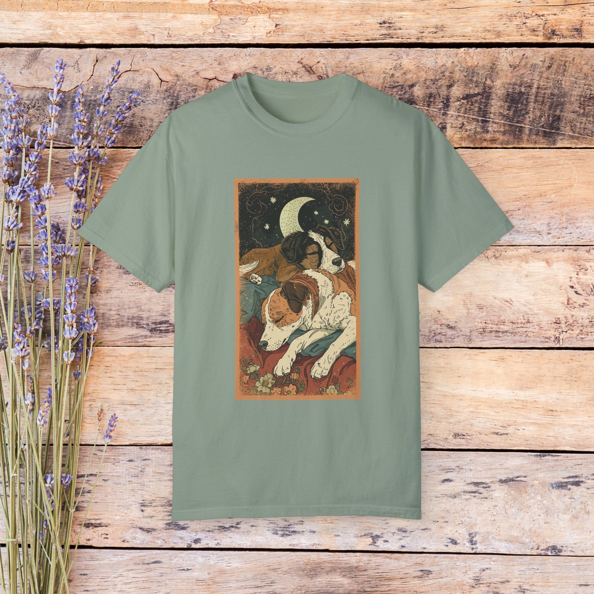 Vintage Style Dog T - shirt, Two Dogs Sleeping Shirt, Oversized Unisex, Comfort Colors Cotton - FlooredByArt