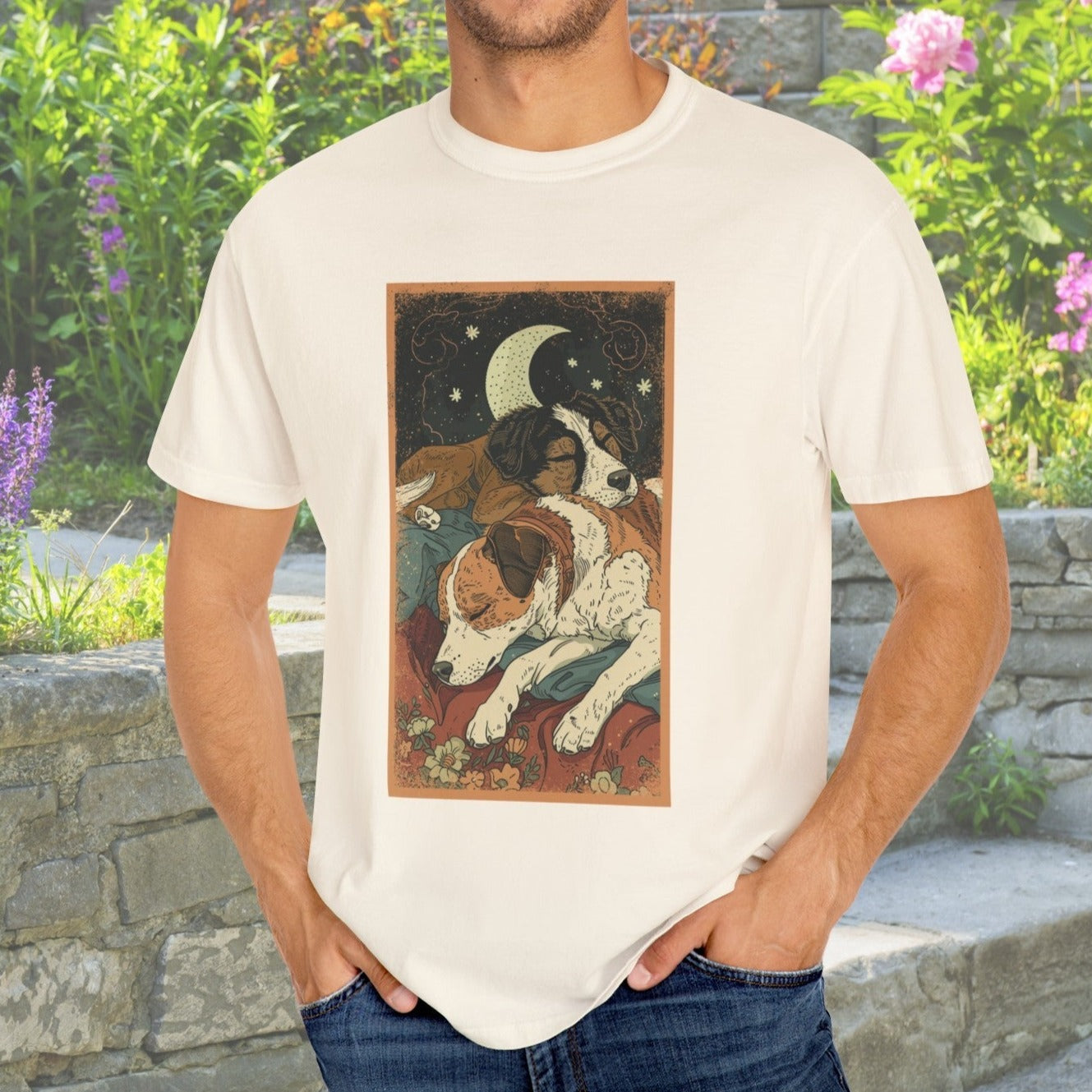 Vintage Style Dog T - shirt, Two Dogs Sleeping Shirt, Oversized Unisex, Comfort Colors Cotton - FlooredByArt