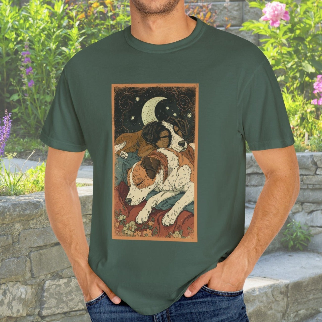 Vintage Style Dog T - shirt, Two Dogs Sleeping Shirt, Oversized Unisex, Comfort Colors Cotton - FlooredByArt