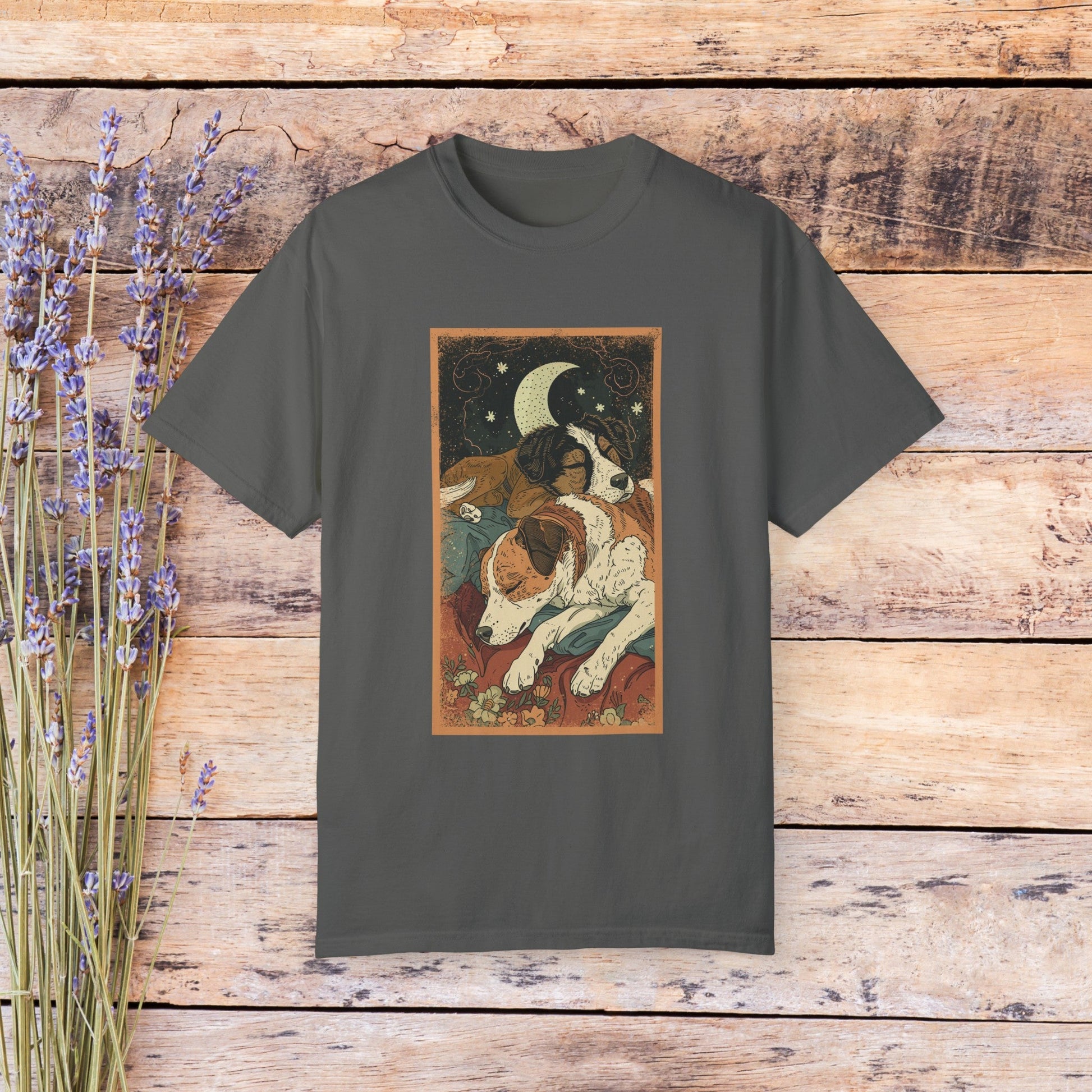 Vintage Style Dog T - shirt, Two Dogs Sleeping Shirt, Oversized Unisex, Comfort Colors Cotton - FlooredByArt