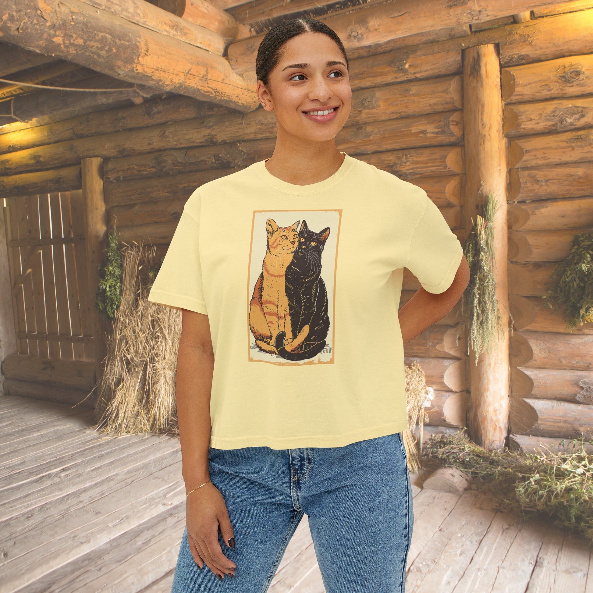 Vintage Style Pair of Cats on Crop T-shirt, Cute Black and Tabby Cat Shirt - FlooredByArt