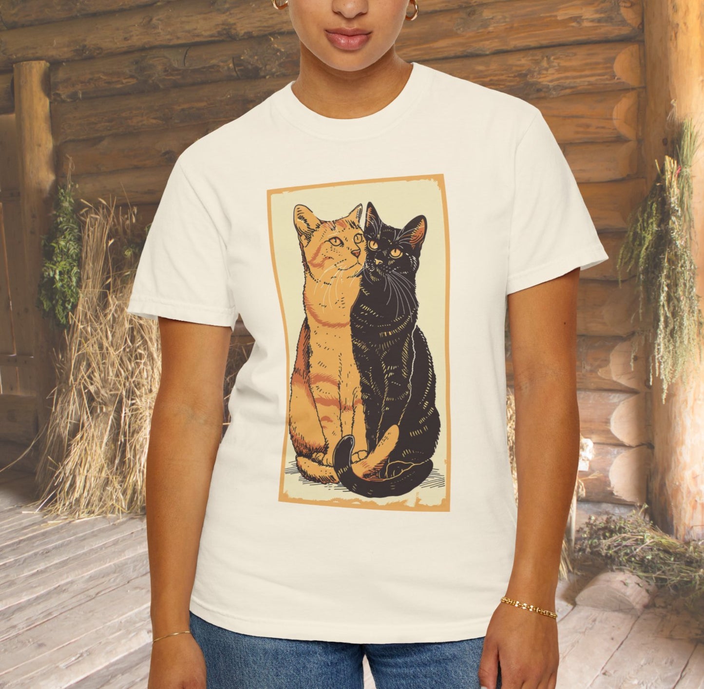 Vintage Style Pair of Cats T-shirt, Cute Black and Tabby Cat Shirt, Art Deco - FlooredByArt