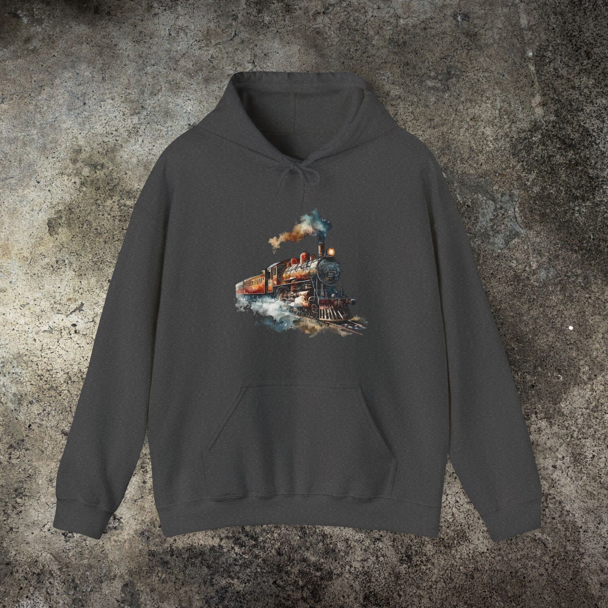 Vintage Train Watercolor Hoodie – Steam Engine Art Sweatshirt for Railway Lovers - FlooredByArt