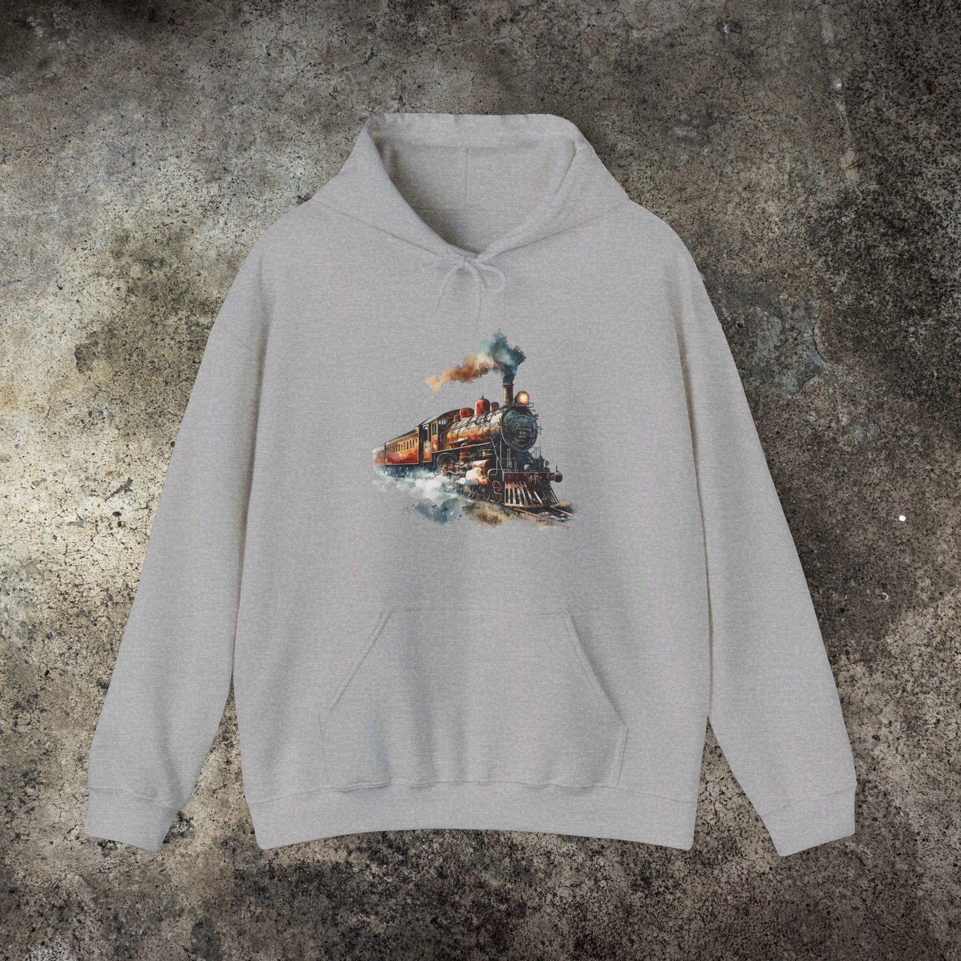 Vintage Train Watercolor Hoodie – Steam Engine Art Sweatshirt for Railway Lovers - FlooredByArt