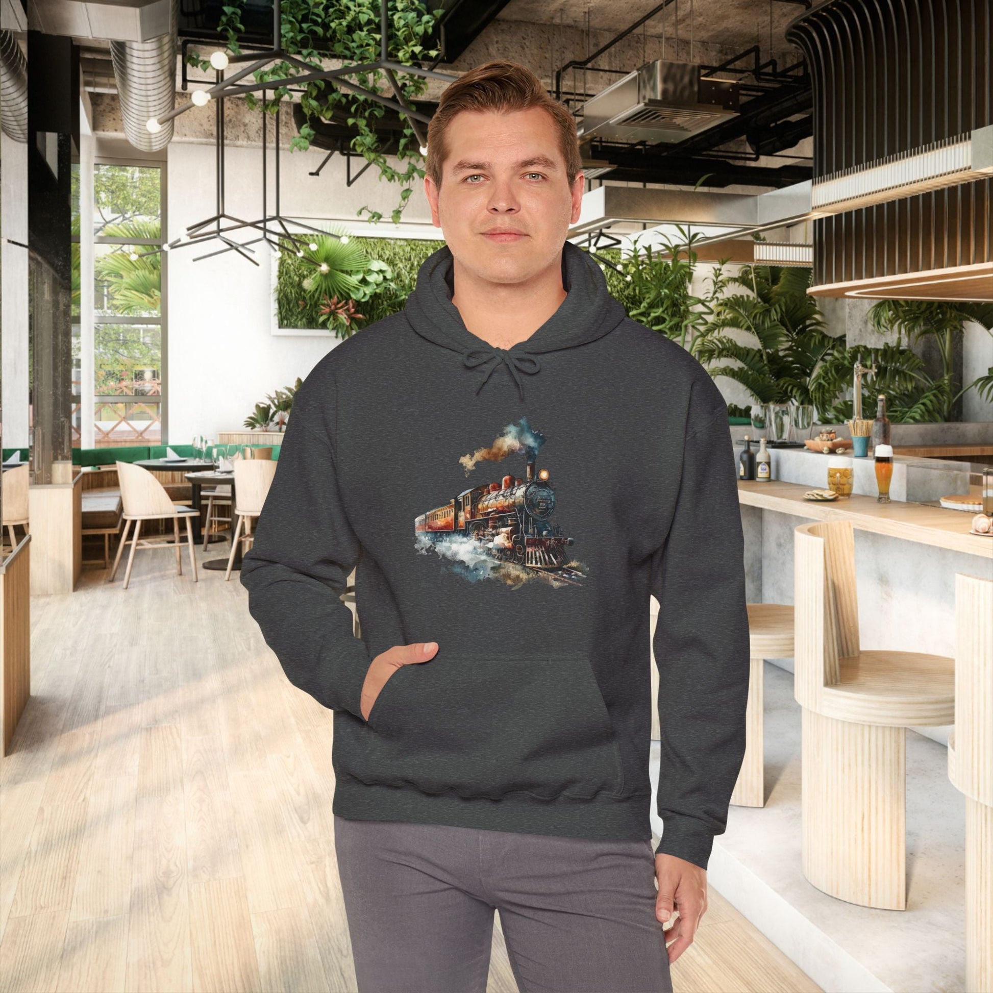 Vintage Train Watercolor Hoodie – Steam Engine Art Sweatshirt for Railway Lovers - FlooredByArt