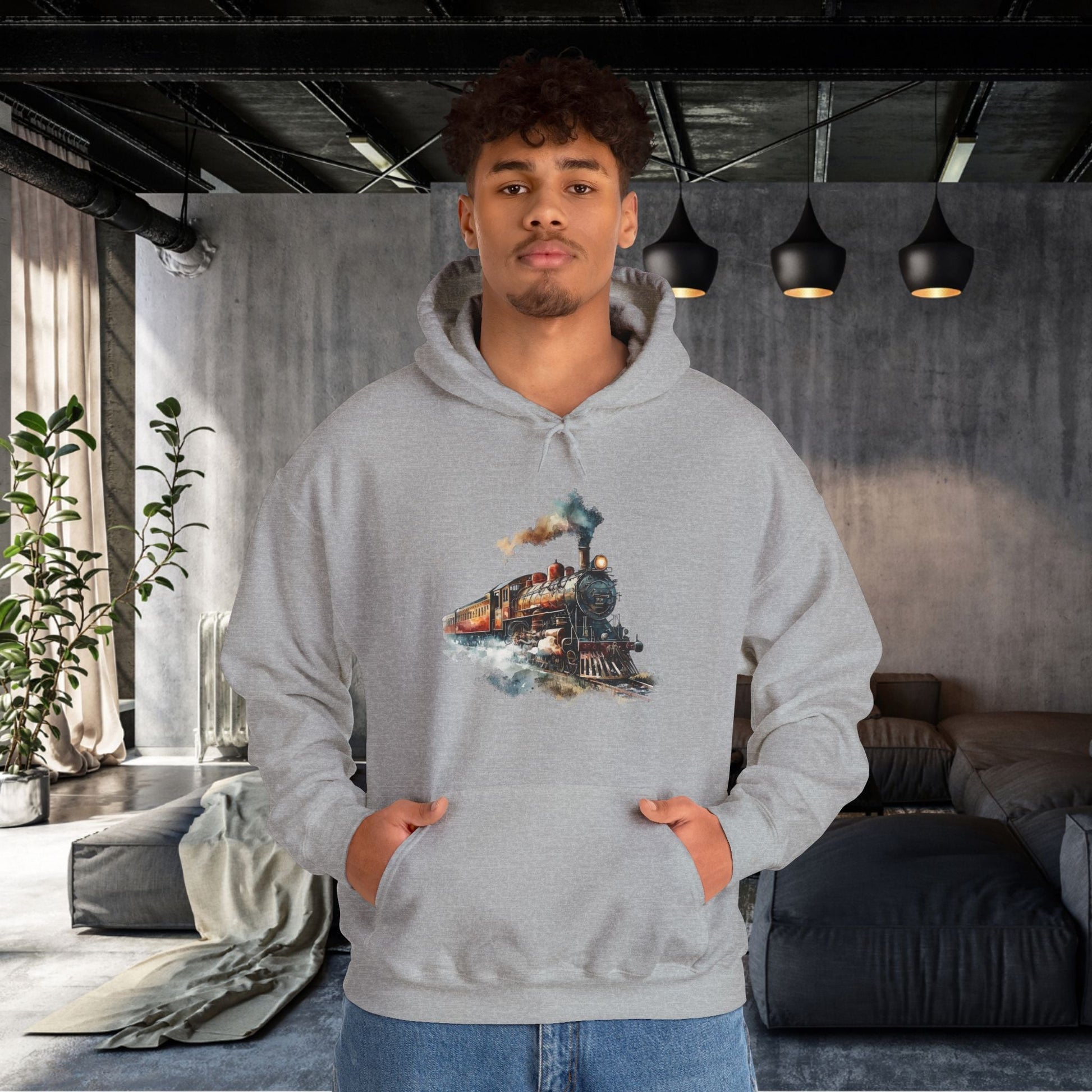 Vintage Train Watercolor Hoodie – Steam Engine Art Sweatshirt for Railway Lovers - FlooredByArt