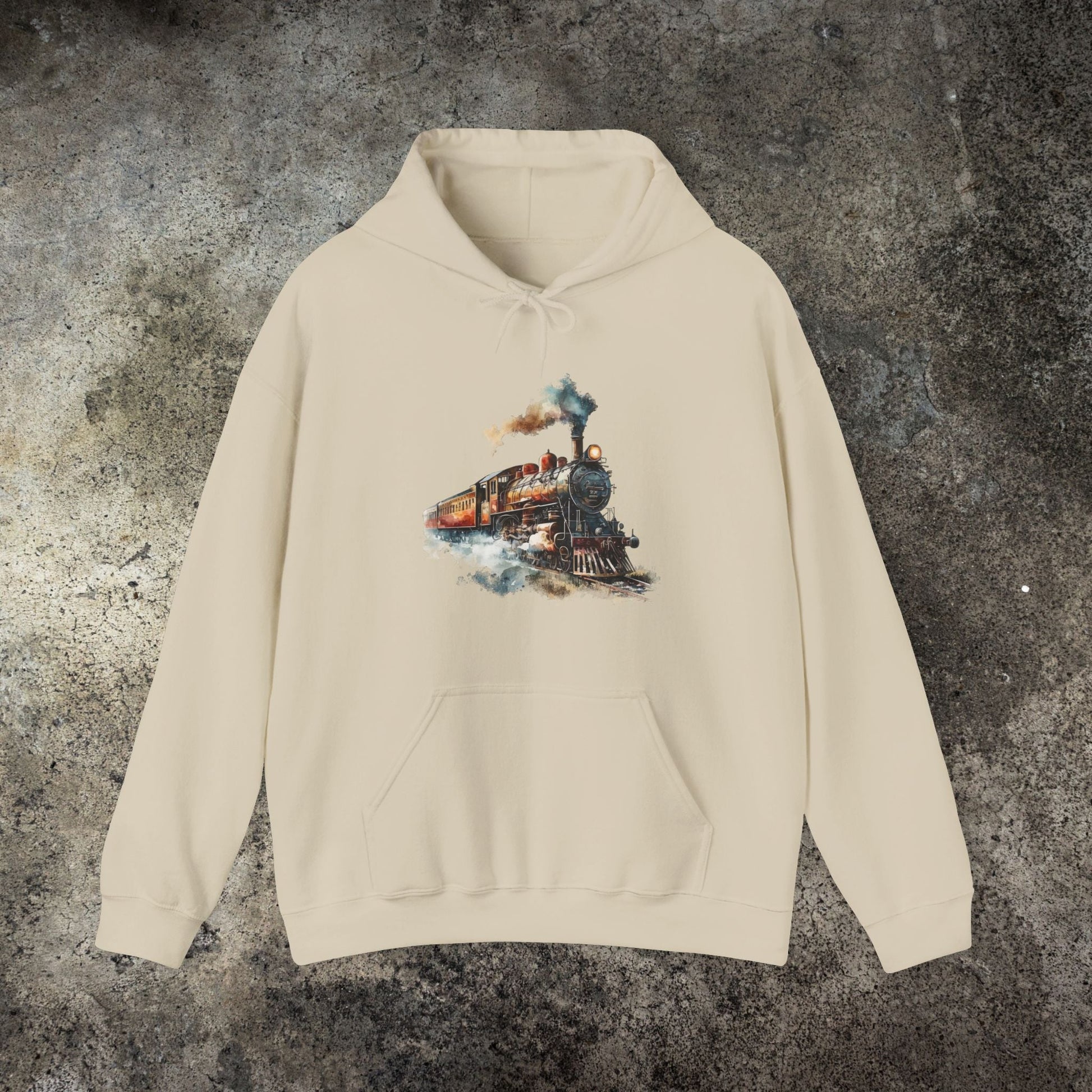 Vintage Train Watercolor Hoodie – Steam Engine Art Sweatshirt for Railway Lovers - FlooredByArt