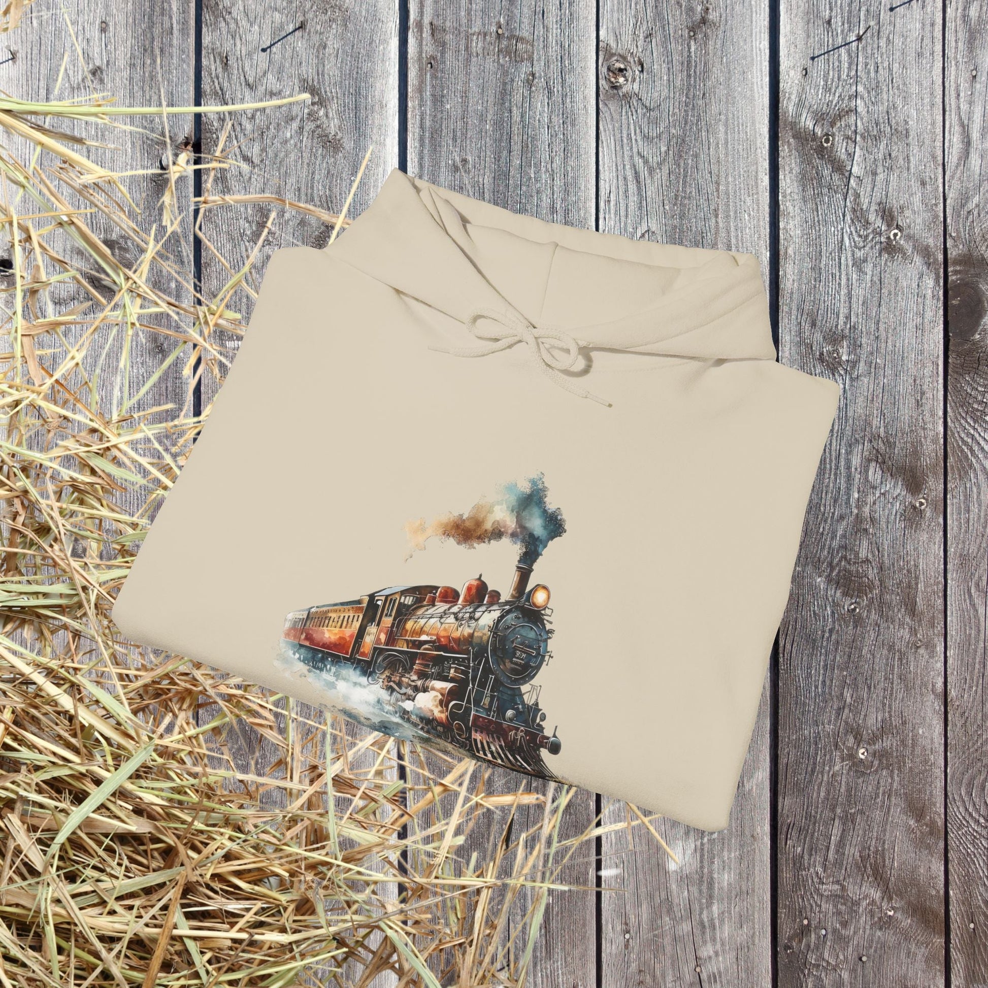 Vintage Train Watercolor Hoodie – Steam Engine Art Sweatshirt for Railway Lovers - FlooredByArt