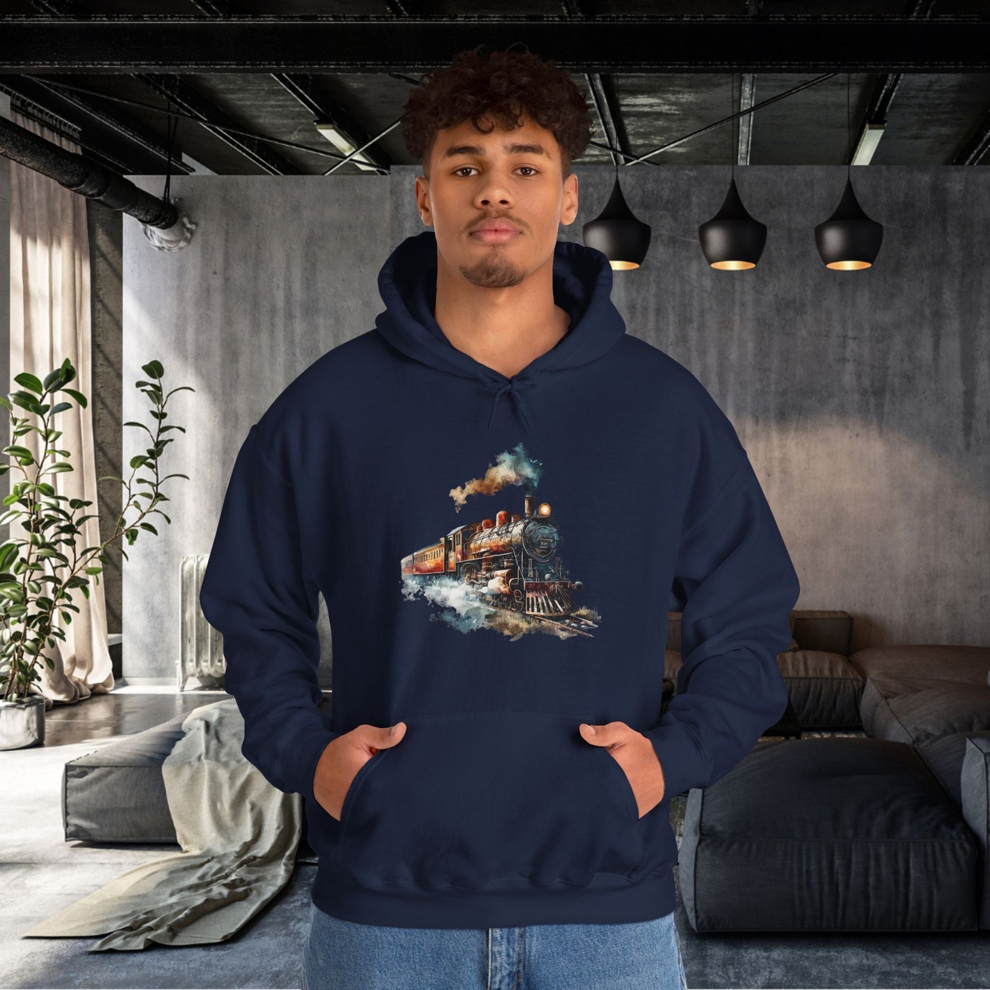 Vintage Train Watercolor Hoodie – Steam Engine Art Sweatshirt for Railway Lovers - FlooredByArt