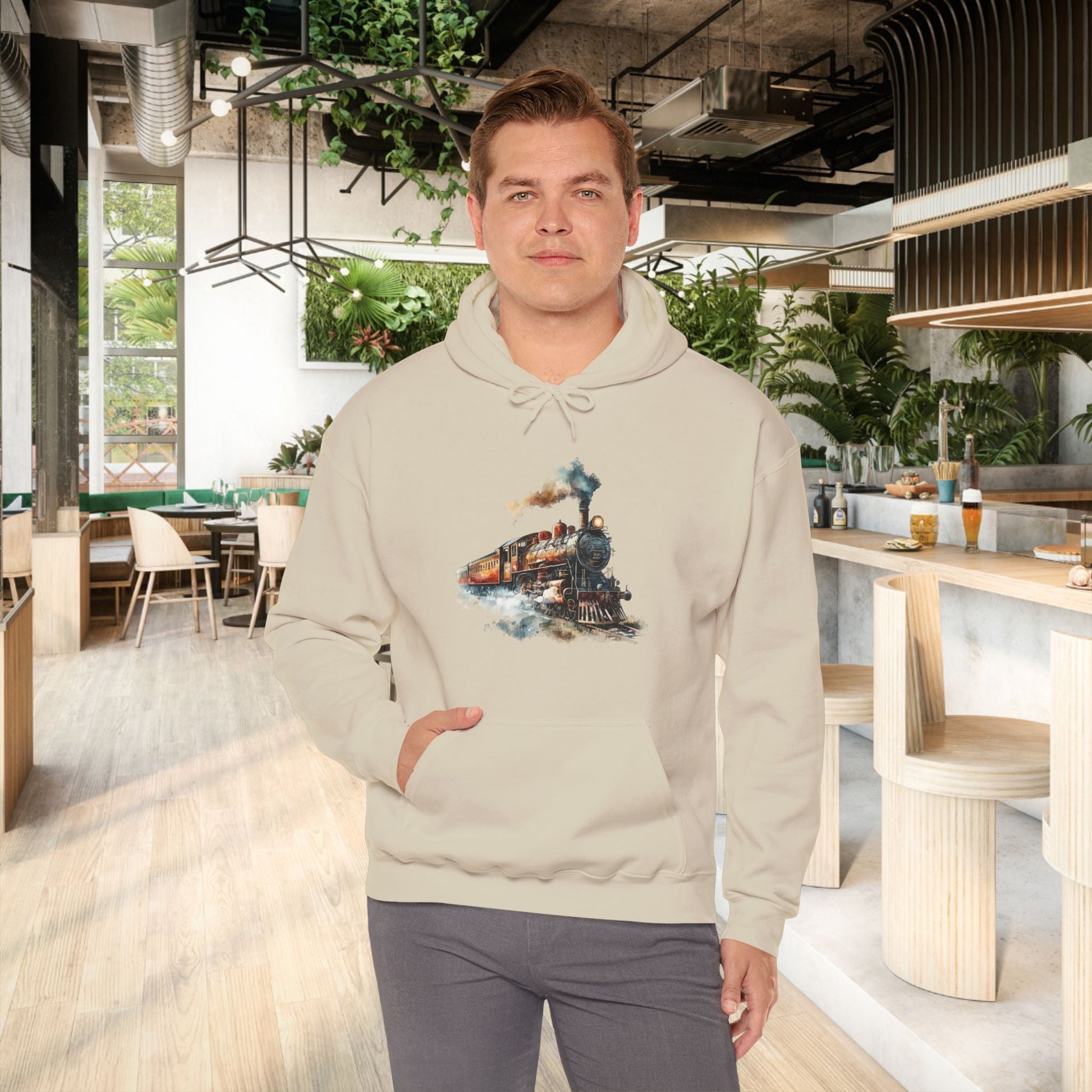 Vintage Train Watercolor Hoodie – Steam Engine Art Sweatshirt for Railway Lovers - FlooredByArt