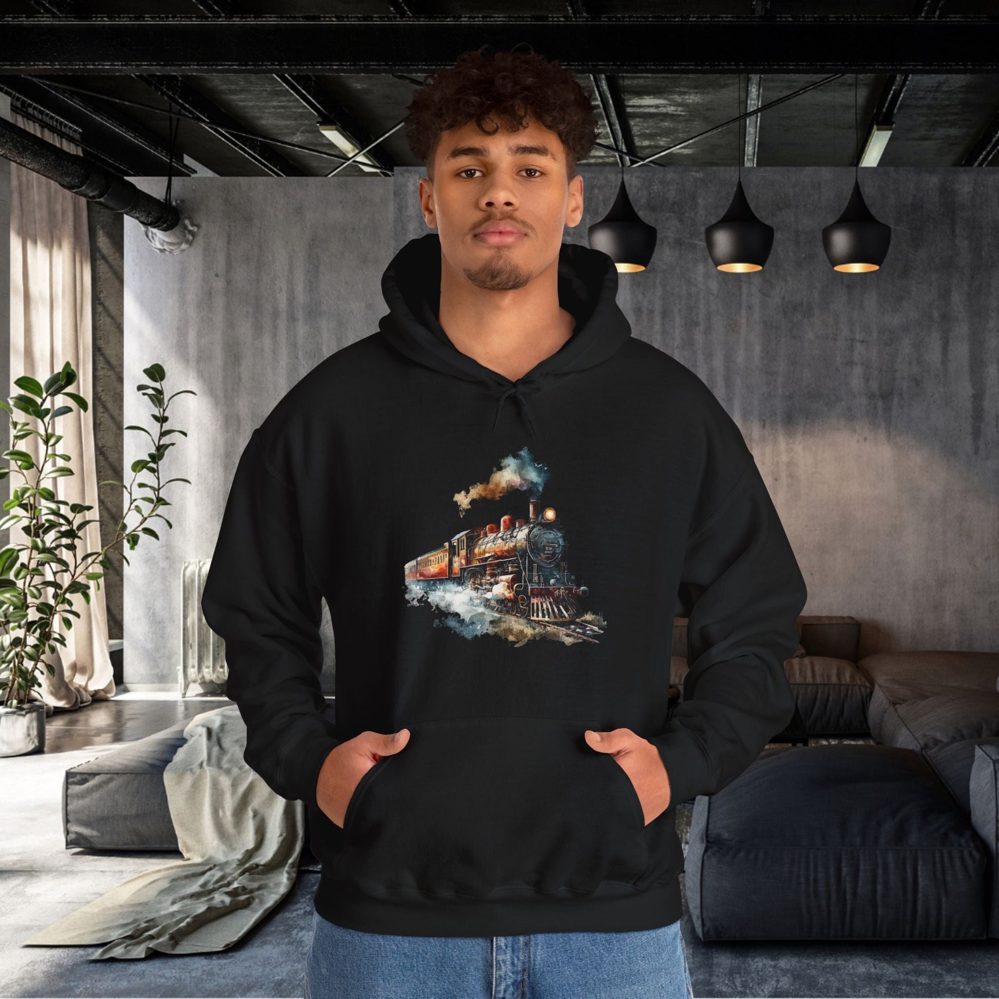 Vintage Train Watercolor Hoodie – Steam Engine Art Sweatshirt for Railway Lovers - FlooredByArt