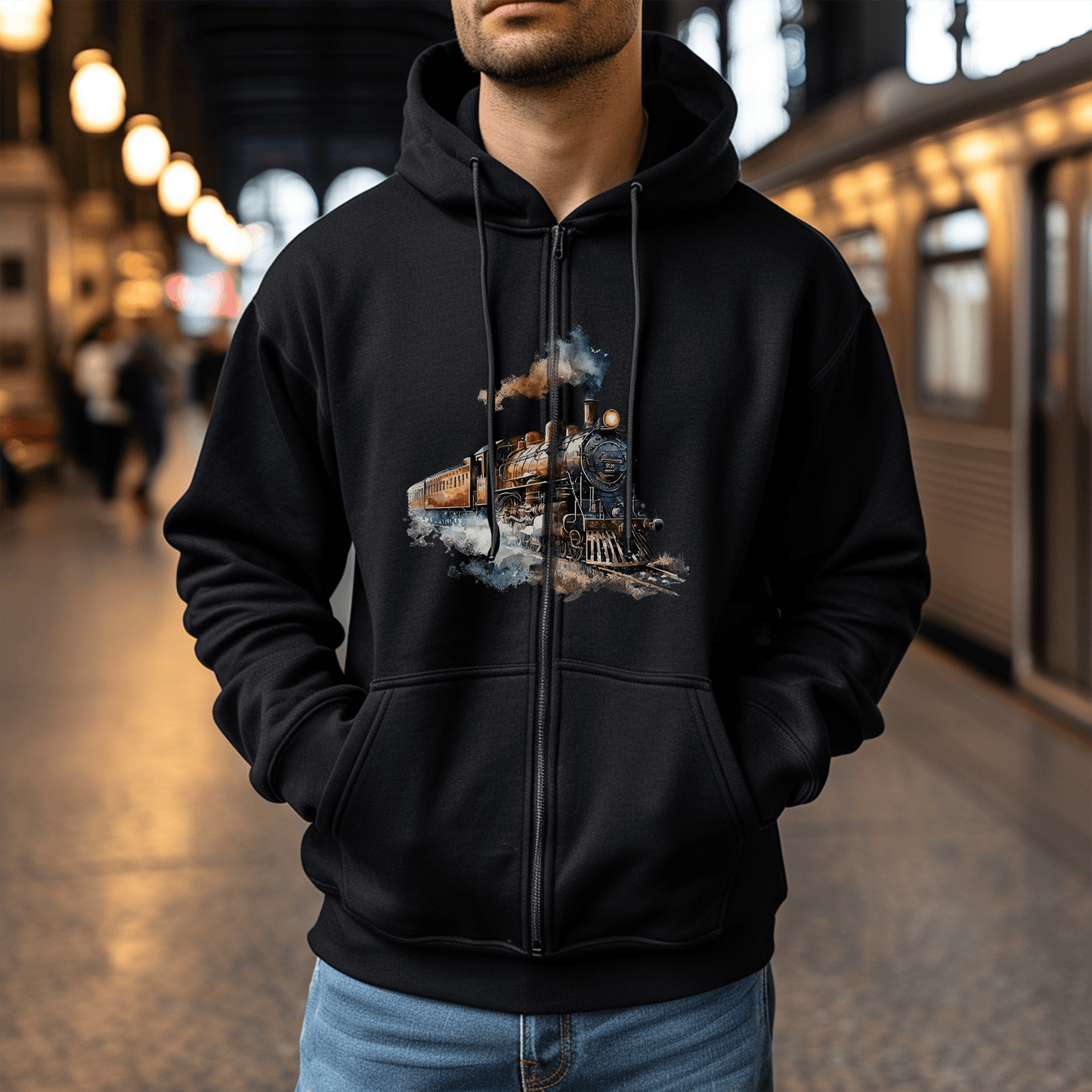 Vintage Train Zip Hoodie - Watercolor Steam Locomotive Unisex Sweatshirt - FlooredByArt