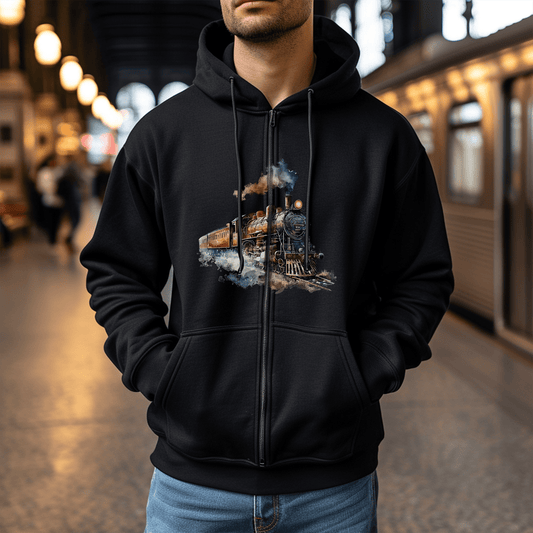Vintage Train Zip Hoodie - Watercolor Steam Locomotive Unisex Sweatshirt - FlooredByArt