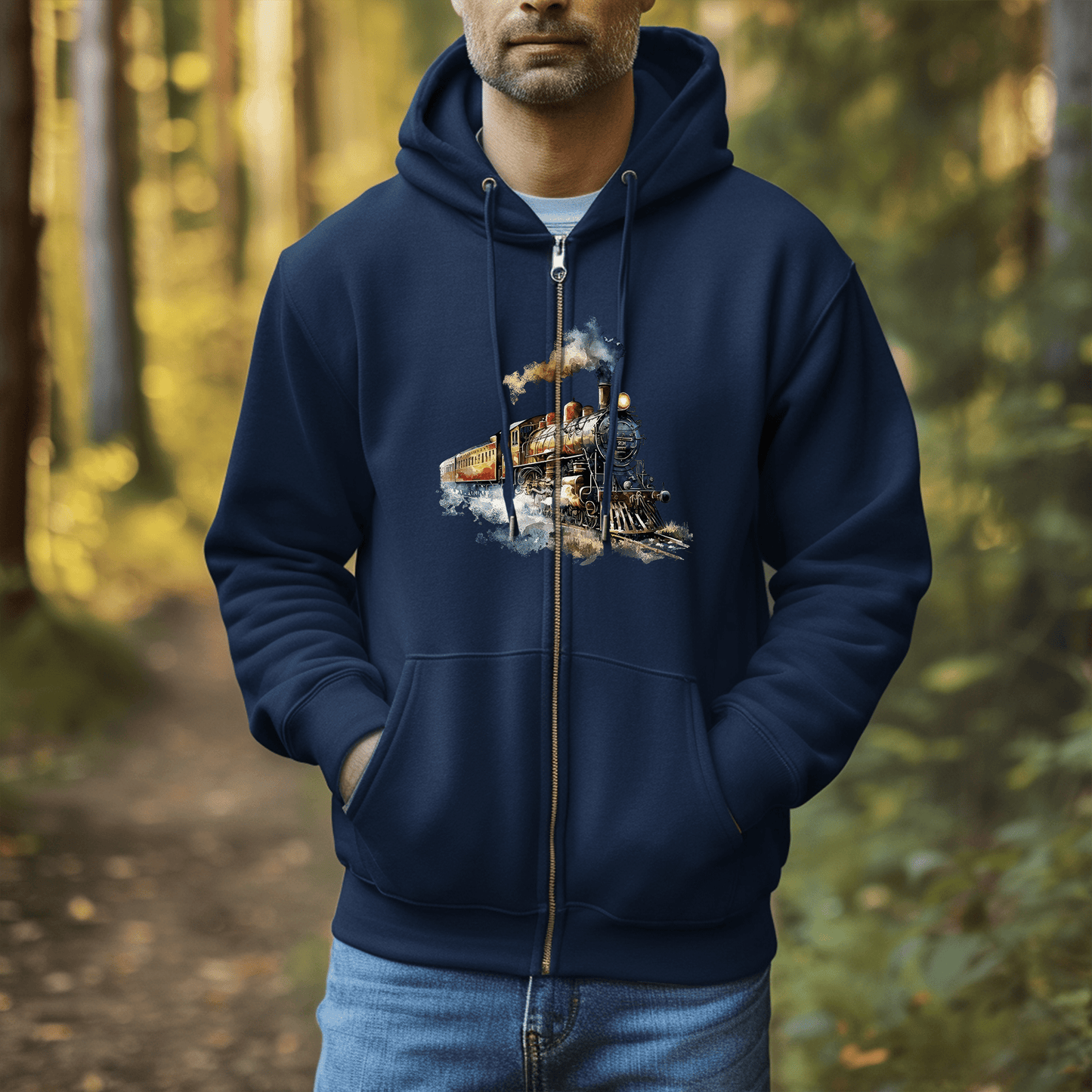 Vintage Train Zip Hoodie - Watercolor Steam Locomotive Unisex Sweatshirt - FlooredByArt