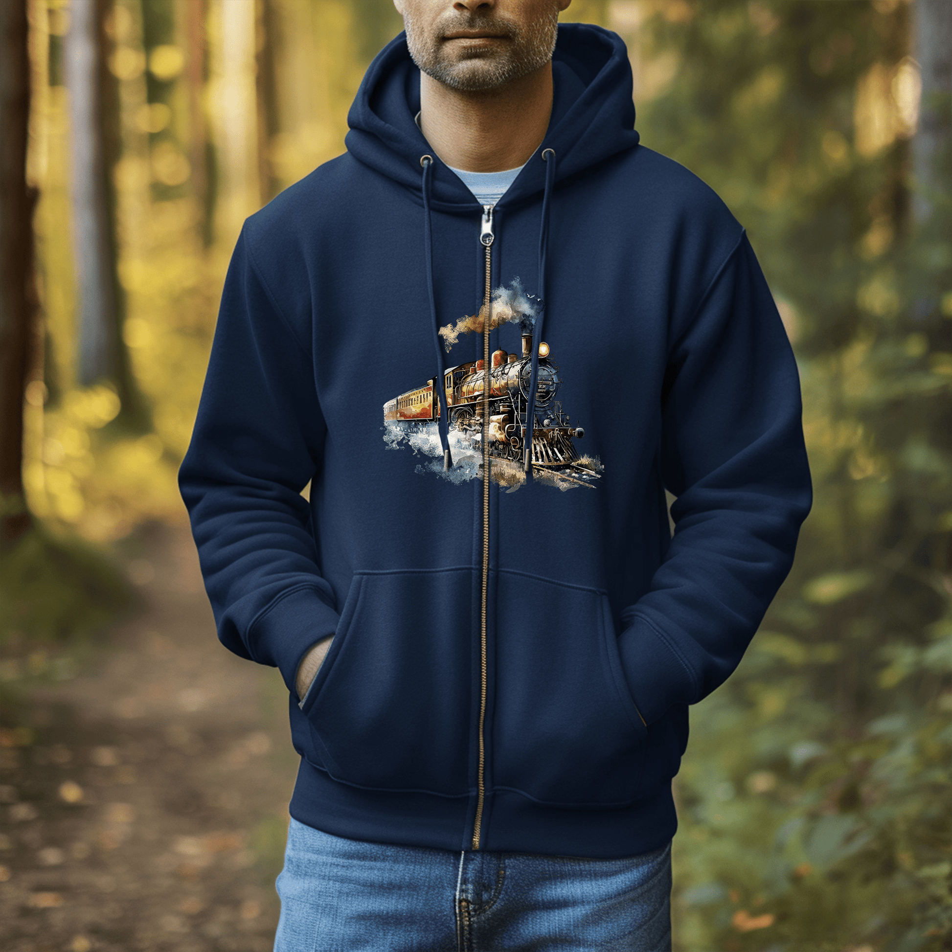 Vintage Train Zip Hoodie - Watercolor Steam Locomotive Unisex Sweatshirt - FlooredByArt