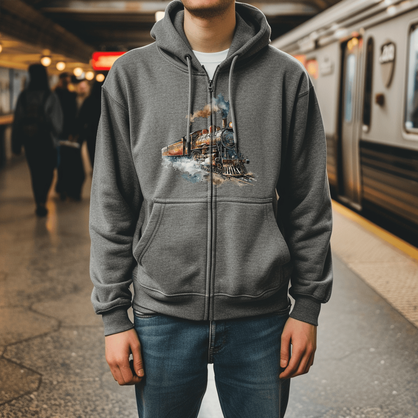 Vintage Train Zip Hoodie - Watercolor Steam Locomotive Unisex Sweatshirt - FlooredByArt