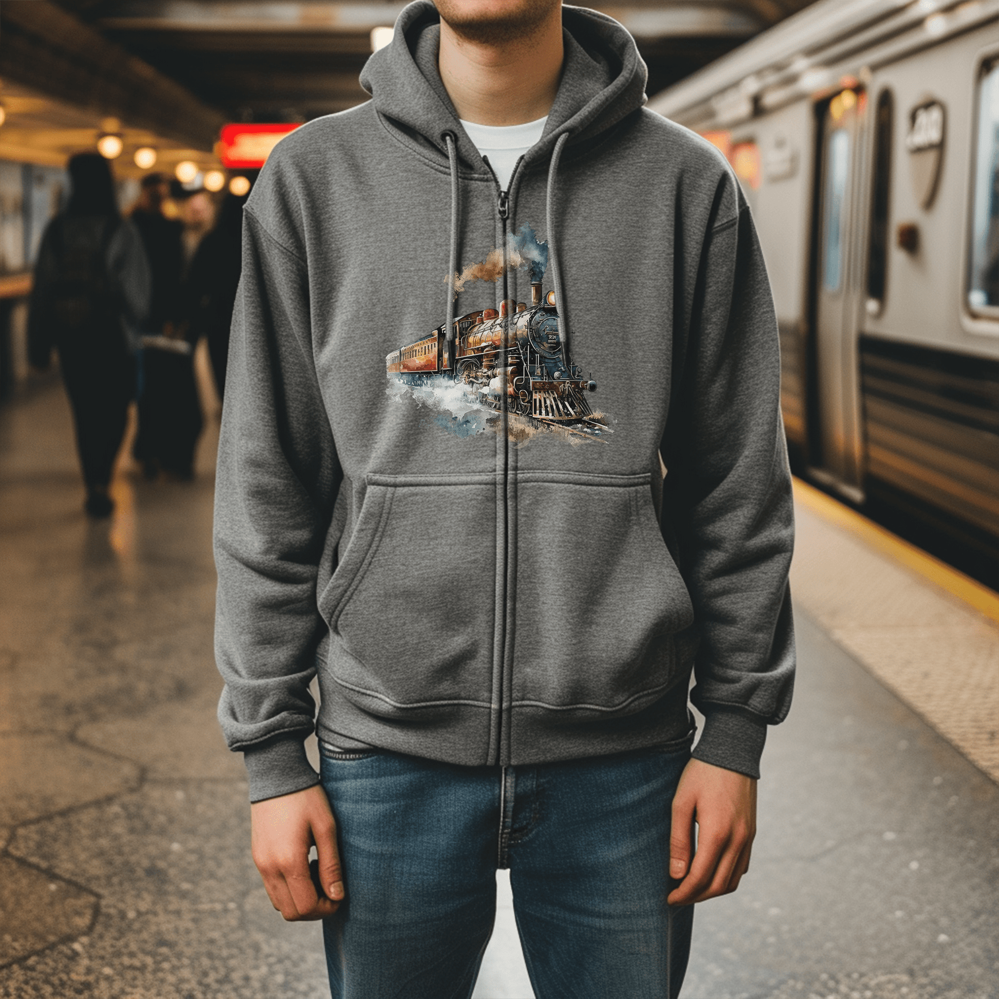 Vintage Train Zip Hoodie - Watercolor Steam Locomotive Unisex Sweatshirt - FlooredByArt