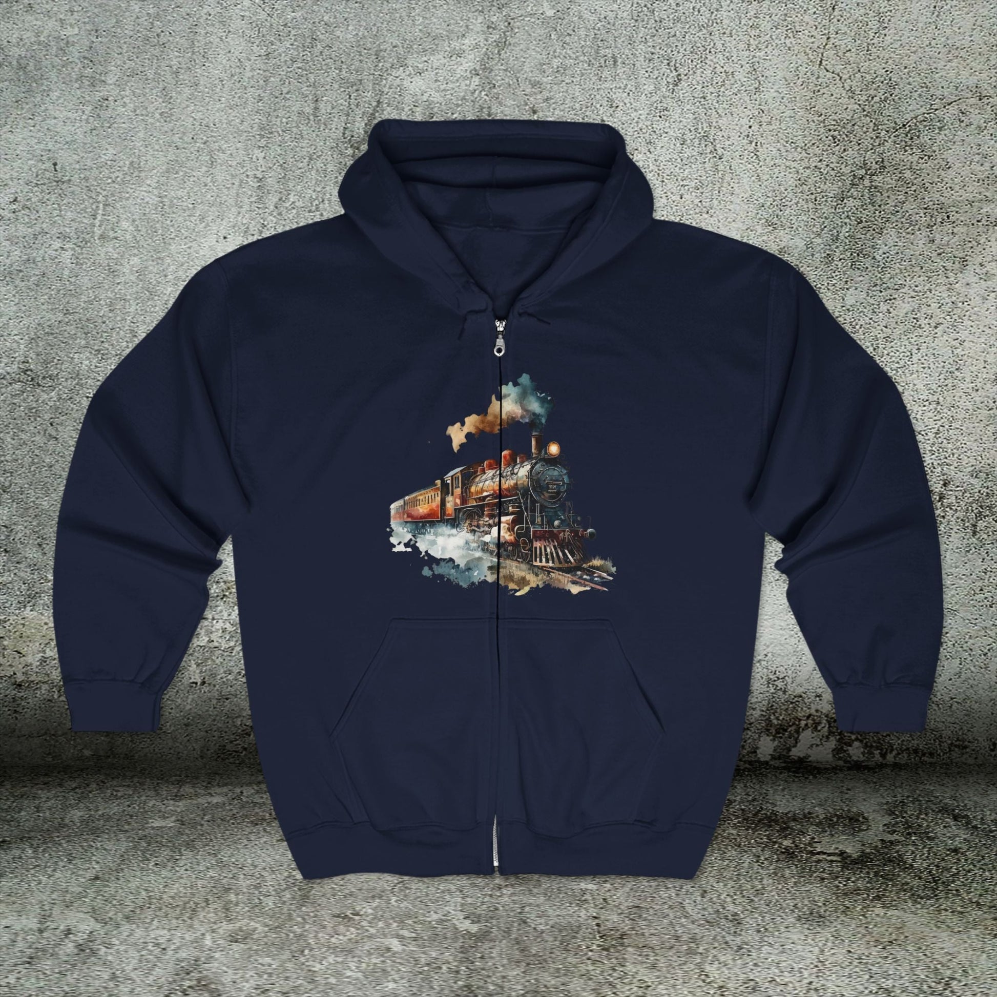 Vintage Train Zip Hoodie - Watercolor Steam Locomotive Unisex Sweatshirt, Gift for Train Lovers - FlooredByArt