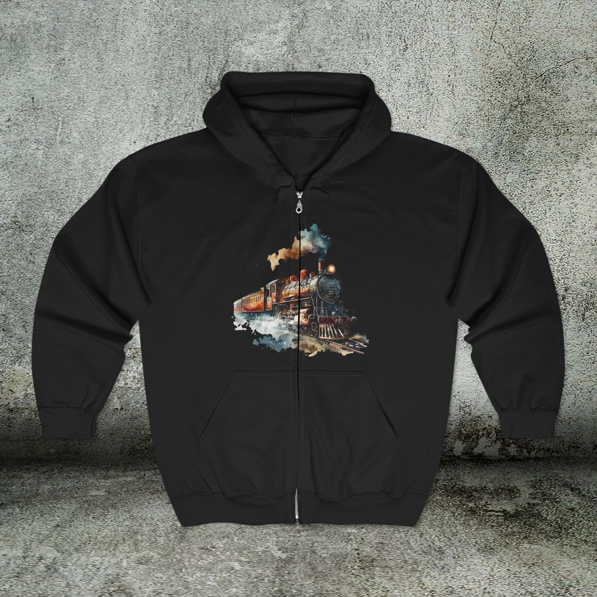 Vintage Train Zip Hoodie - Watercolor Steam Locomotive Unisex Sweatshirt, Gift for Train Lovers - FlooredByArt