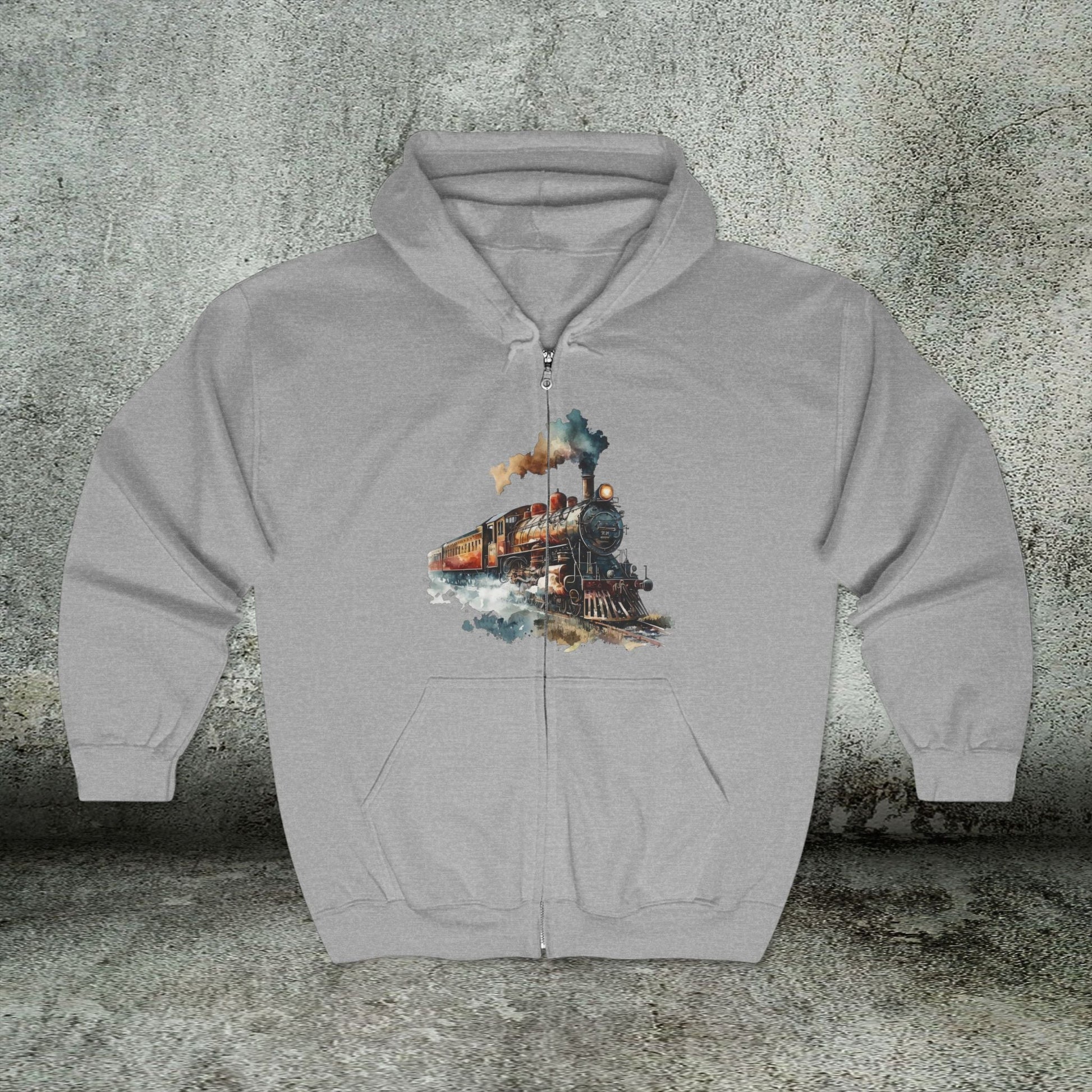 Vintage Train Zip Hoodie - Watercolor Steam Locomotive Unisex Sweatshirt, Gift for Train Lovers - FlooredByArt