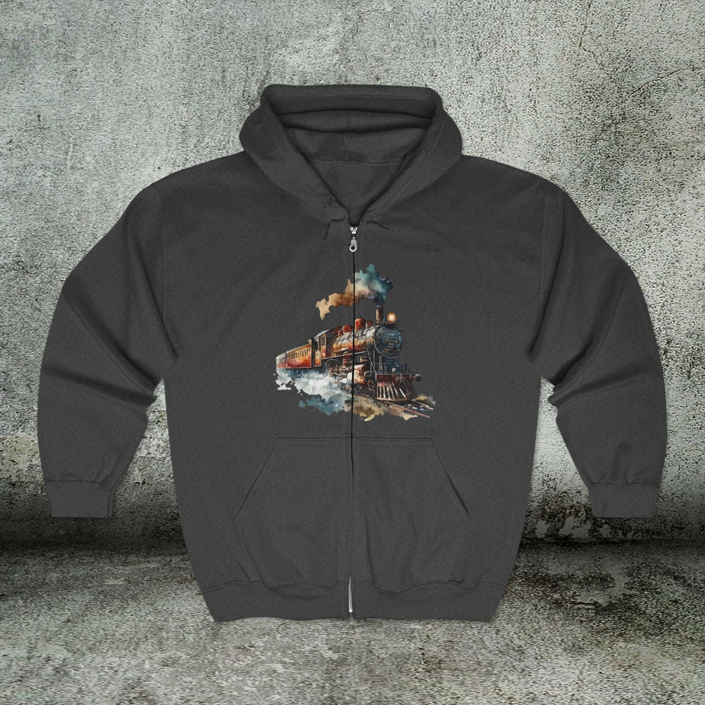 Vintage Train Zip Hoodie - Watercolor Steam Locomotive Unisex Sweatshirt, Gift for Train Lovers - FlooredByArt