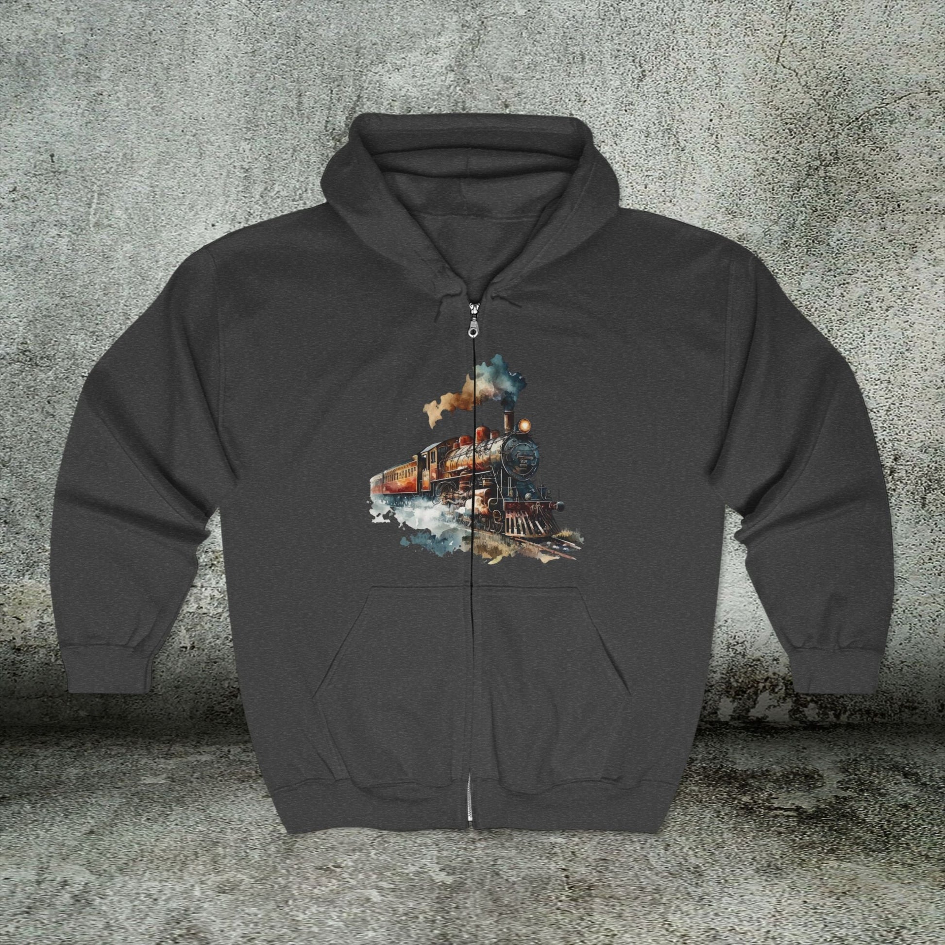 Vintage Train Zip Hoodie - Watercolor Steam Locomotive Unisex Sweatshirt, Gift for Train Lovers - FlooredByArt