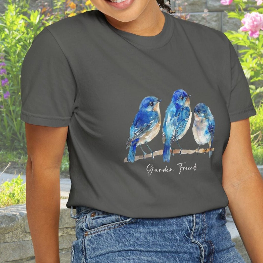 Watercolor Bluebird T-Shirt - Garden Lover Comfort Colors Tee, Nature Bird Shirt - FlooredByArt