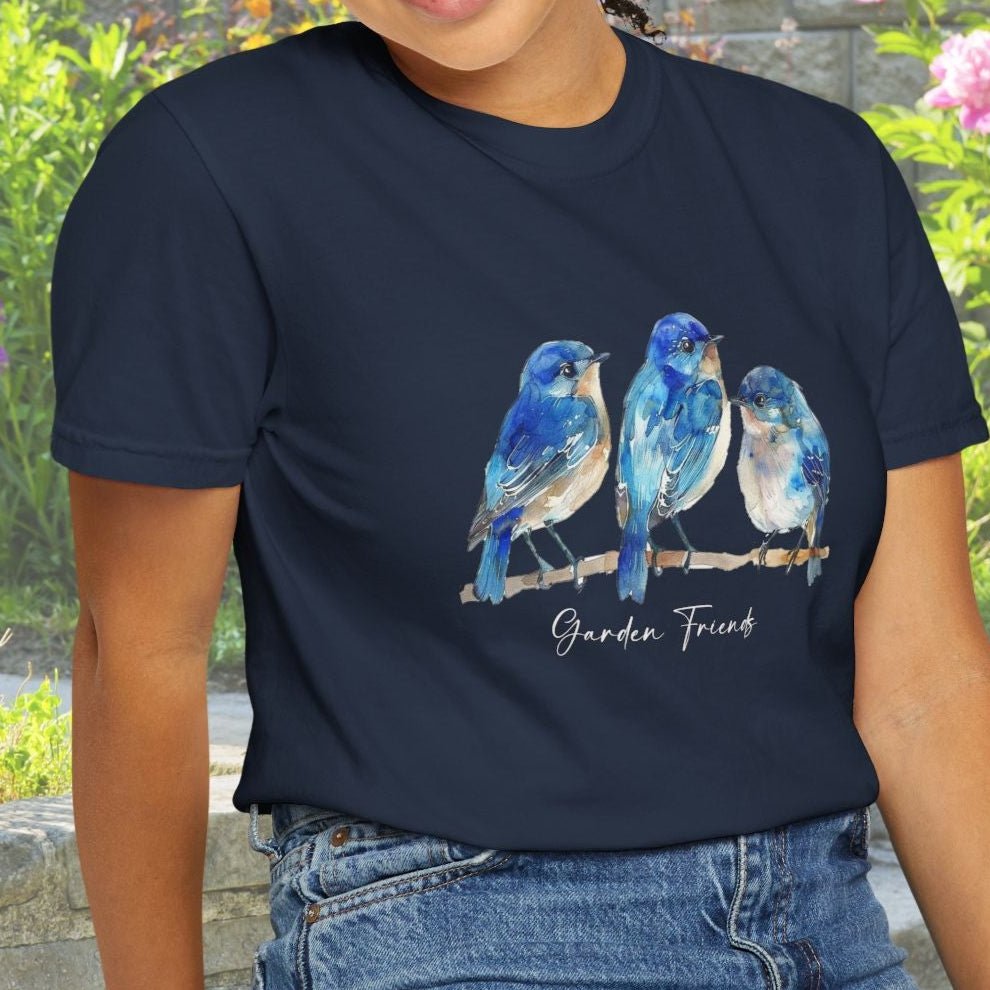 Watercolor Bluebird T-Shirt - Garden Lover Comfort Colors Tee, Nature Bird Shirt - FlooredByArt