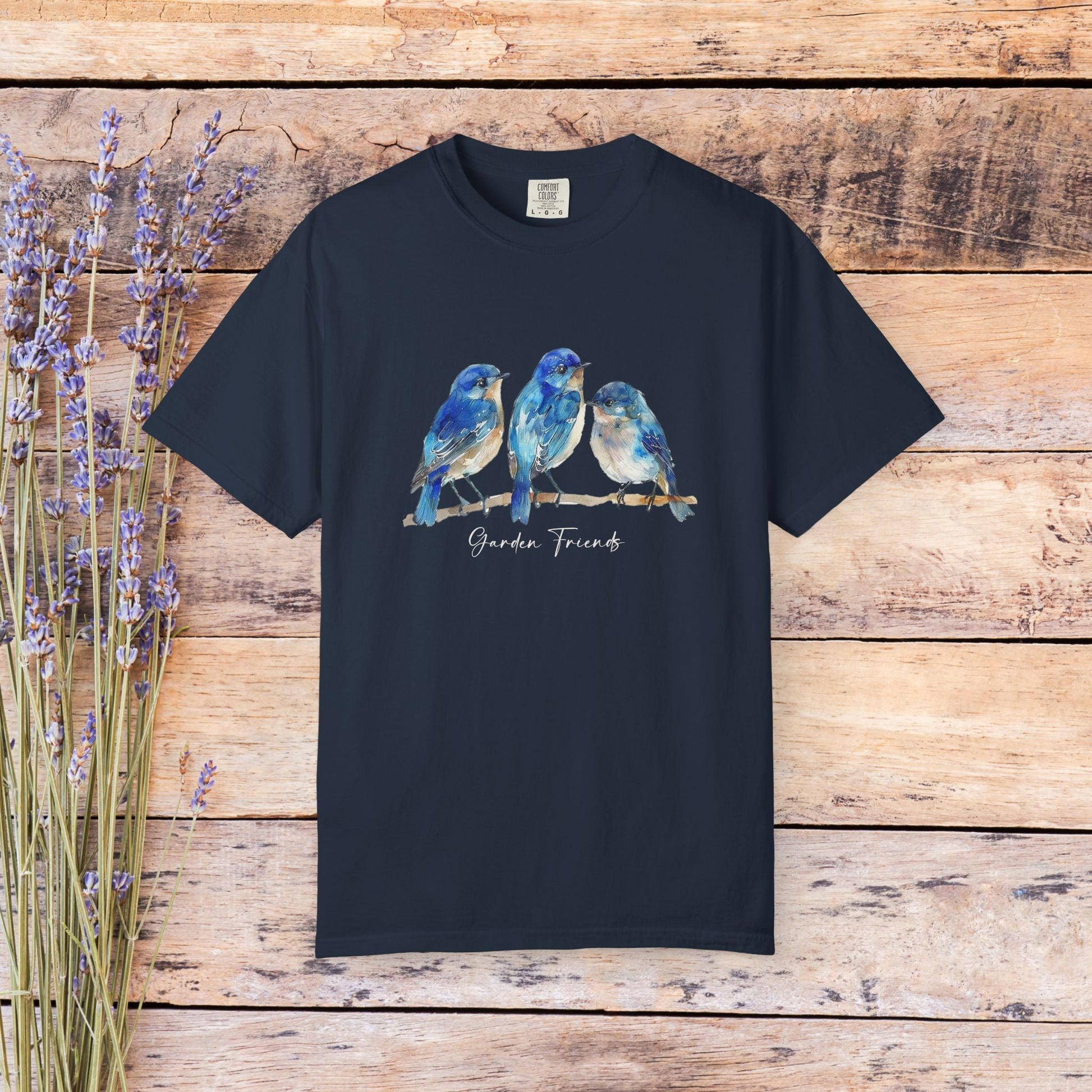 Watercolor Bluebird T-Shirt - Garden Lover Comfort Colors Tee, Nature Bird Shirt - FlooredByArt