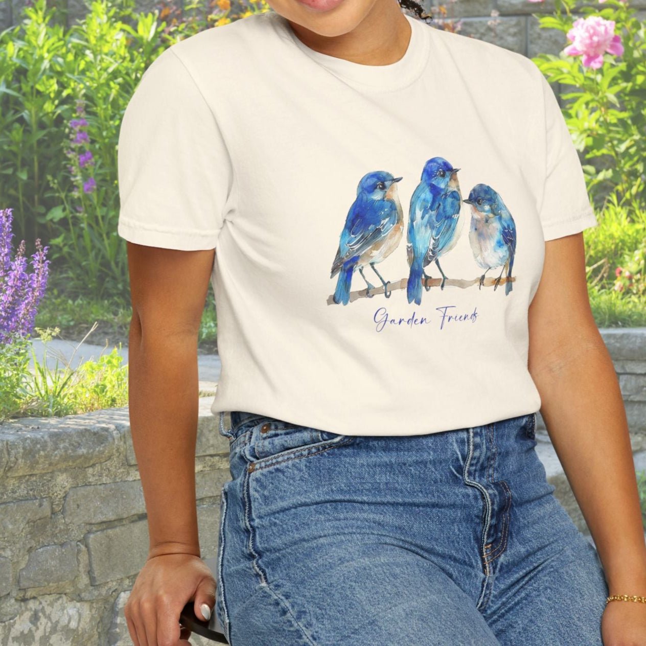 Watercolor Bluebird T-Shirt - Garden Lover Comfort Colors Tee, Nature Bird Shirt - FlooredByArt