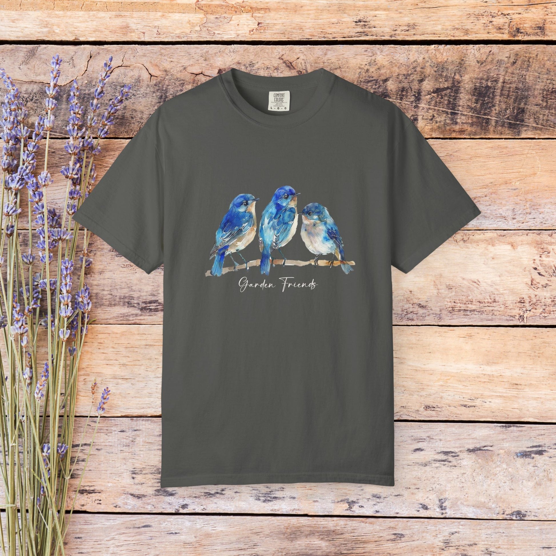 Watercolor Bluebird T-Shirt - Garden Lover Comfort Colors Tee, Nature Bird Shirt - FlooredByArt
