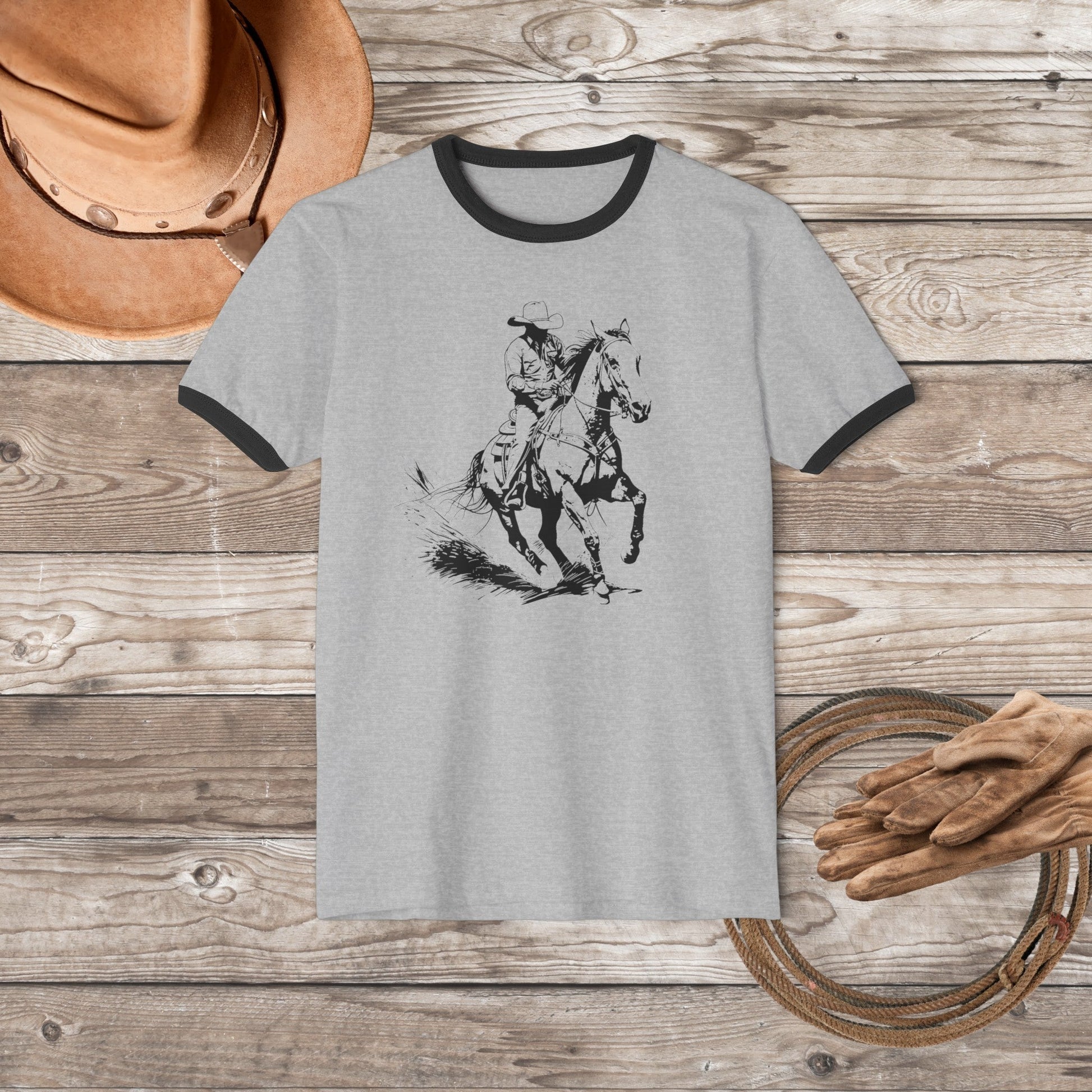 Western Riding Horse T-shirt, Cowboy Banded Cotton Ringer Shirt - FlooredByArt