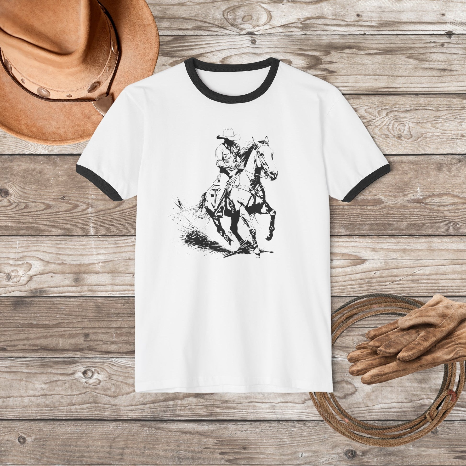 Western Riding Horse T-shirt, Cowboy Banded Cotton Ringer Shirt - FlooredByArt