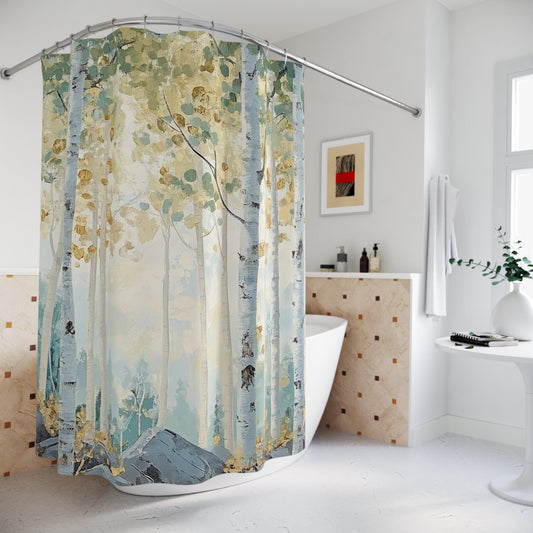 White Aspen Watercolor Shower Curtain, Springtime Forest, Unique Bathroom Decor - FlooredByArt