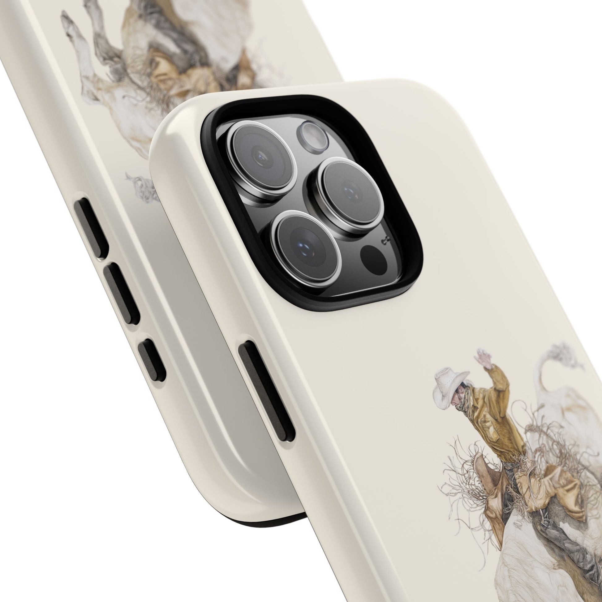 White Bucking Bull Rider Rodeo iPhone Case, 2 Layer Tough Phone Cover, Bull Riding Sport Fan - FlooredByArt
