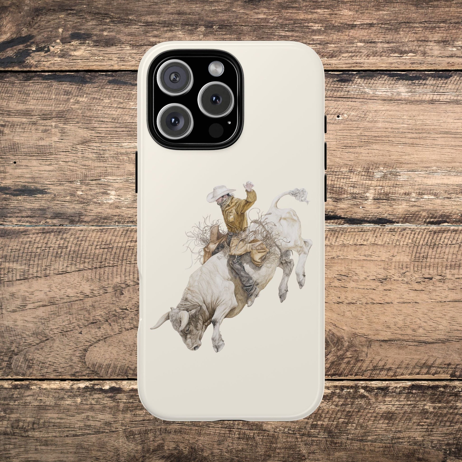White Bucking Bull Rider Rodeo iPhone Case, 2 Layer Tough Phone Cover, Bull Riding Sport Fan - FlooredByArt