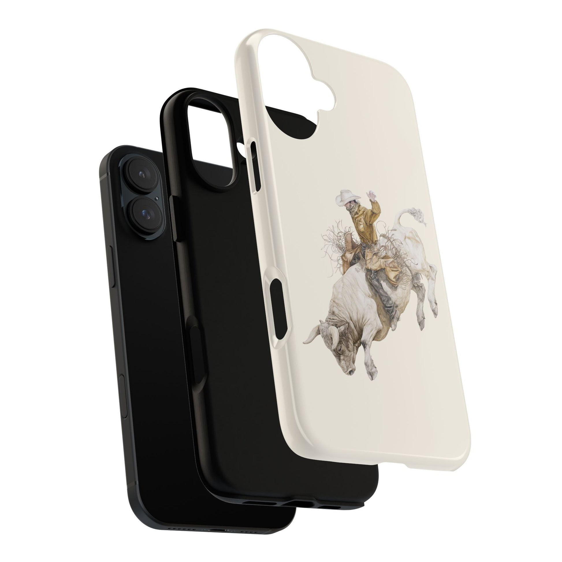 White Bucking Bull Rider Rodeo iPhone Case, 2 Layer Tough Phone Cover, Bull Riding Sport Fan - FlooredByArt