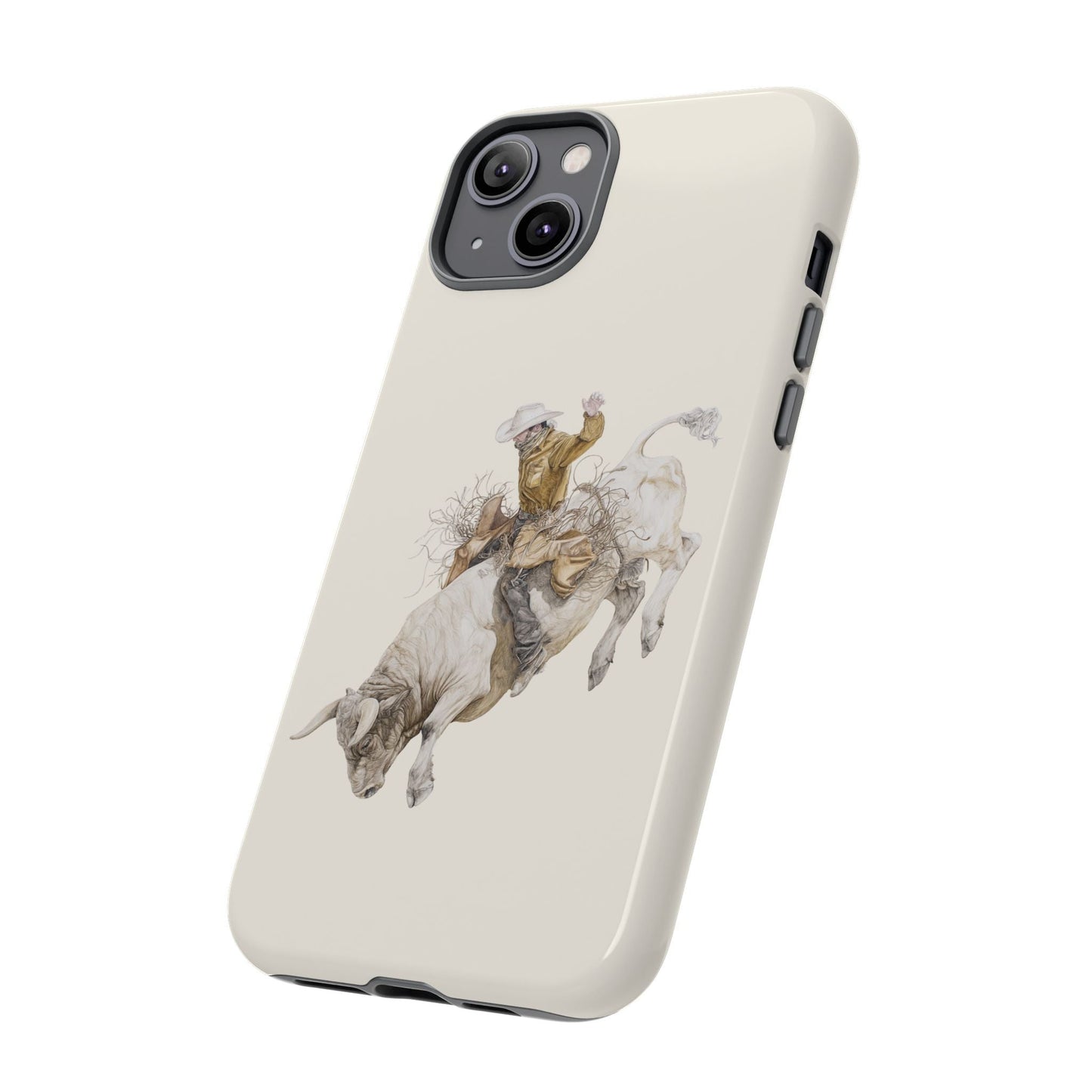 White Bucking Bull Rider Rodeo iPhone Case, 2 Layer Tough Phone Cover, Bull Riding Sport Fan - FlooredByArt